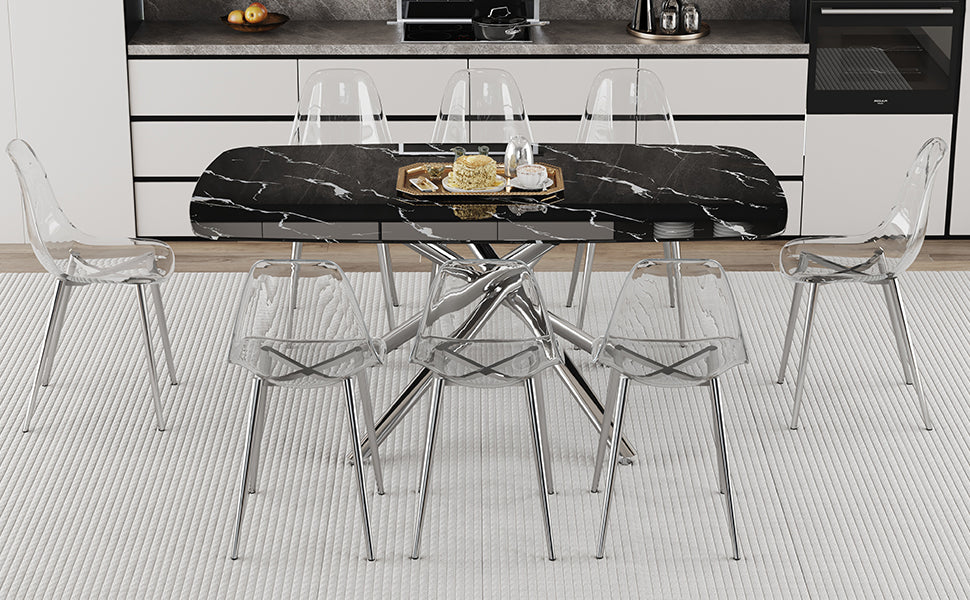 Table And Chair Set.Modern Luxurious Black Marble Patterned Tempered Glass Dining Table Set With Transparent Pp Chairs.8 Multiple Transparent High Quality Pp Dining Chairs With Silver Legs. Black