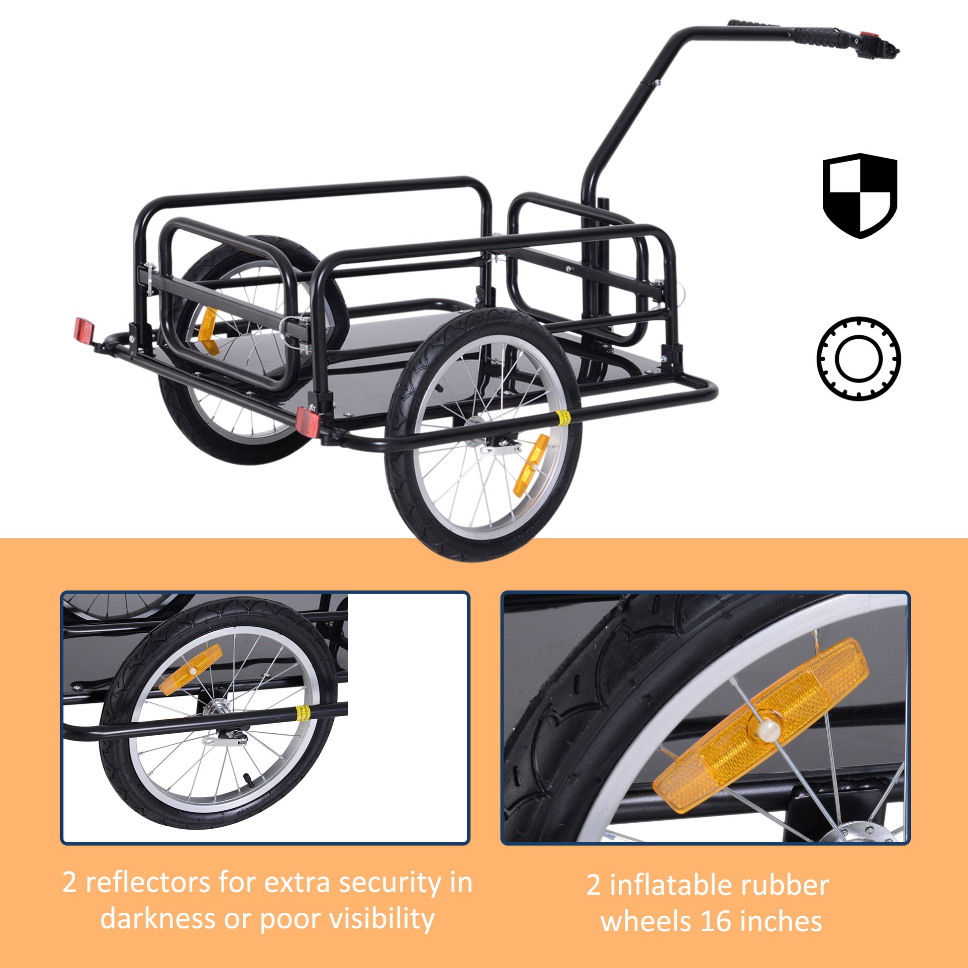 Aosom Bike Cargo Trailer, Bicycle Trailer, Heavy Duty Bike Wagon Cart, Foldable Compact Storage, With Universal Hitch, 16" Wheels, 88 Lbs. Capacity, Black Black Steel