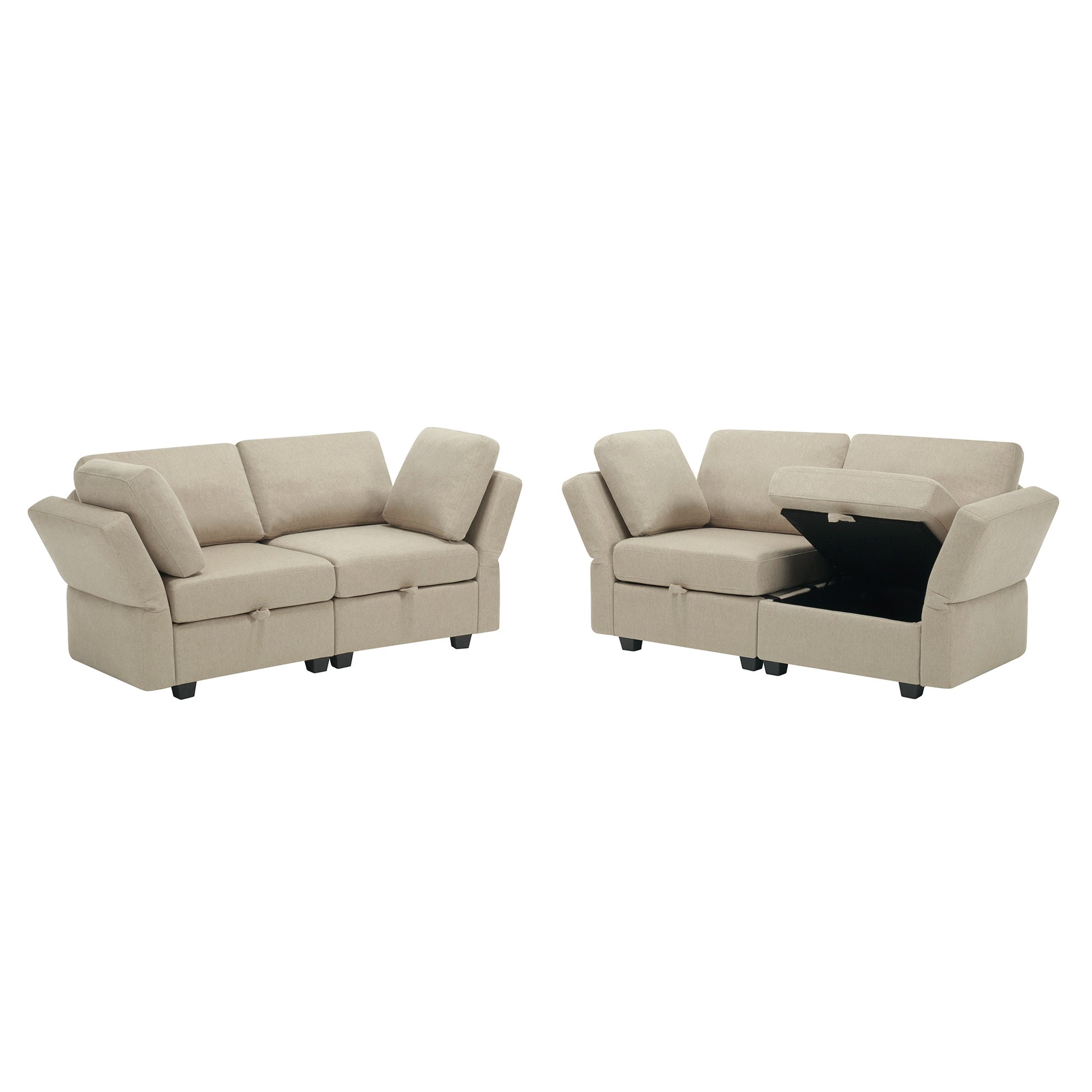 Living Room Furniture Sets, 2 Piece Comfy Upholstered Sofa Couch Set, Mid Century Modern Loveseat Sofa Sets With Storage Space Small Spaces Under Seats, Adjustable Arms And Backs Beige Beige Polyester 4 Seat