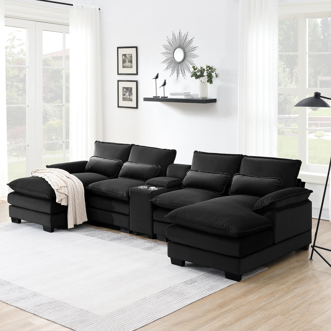 123*55" Modern U Shaped Sofa With Console,Cupholders And Usb Ports,6 Seat Upholstered Symmetrical Indoor Furniture,Sleeper Couch Set With Chaise For Living Room,Apartment,5 Colors Black Velvet 6