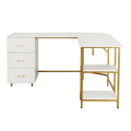 Techni Mobili L Shape Home Office Two Tone Desk With Storage, Gold Gold Computer Desk Office Modern L Shape Engineered Wood