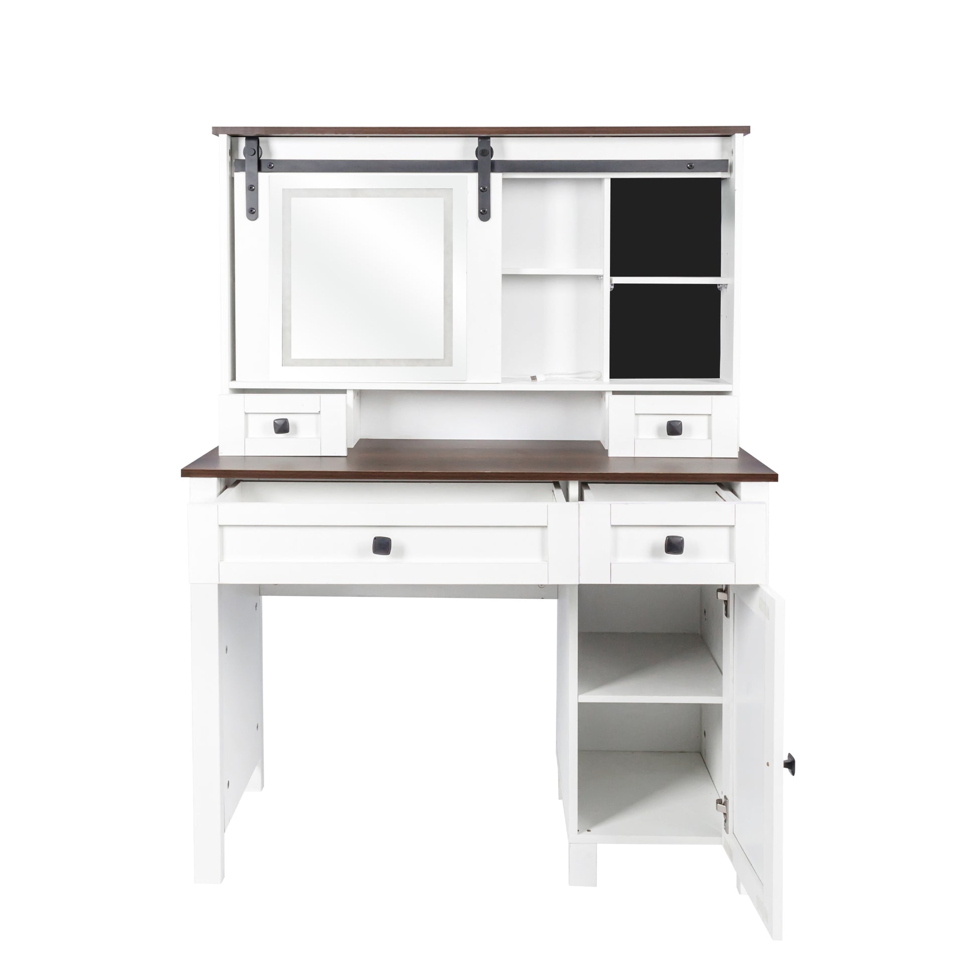 Farmhouse Makeup Vanity With Mirror And Lights,41.73" Wide Vanity Desk ,Vanity Table With 4 Drawers And 1 Cabinet,3 Color Modes, Dressing Table For Bedroom White Walnut Particle Board Mdf