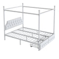 Queen Size Metal Canopy Platform Bed With Upholstered Headboard And Two Storage Drawers, White Queen White Metal