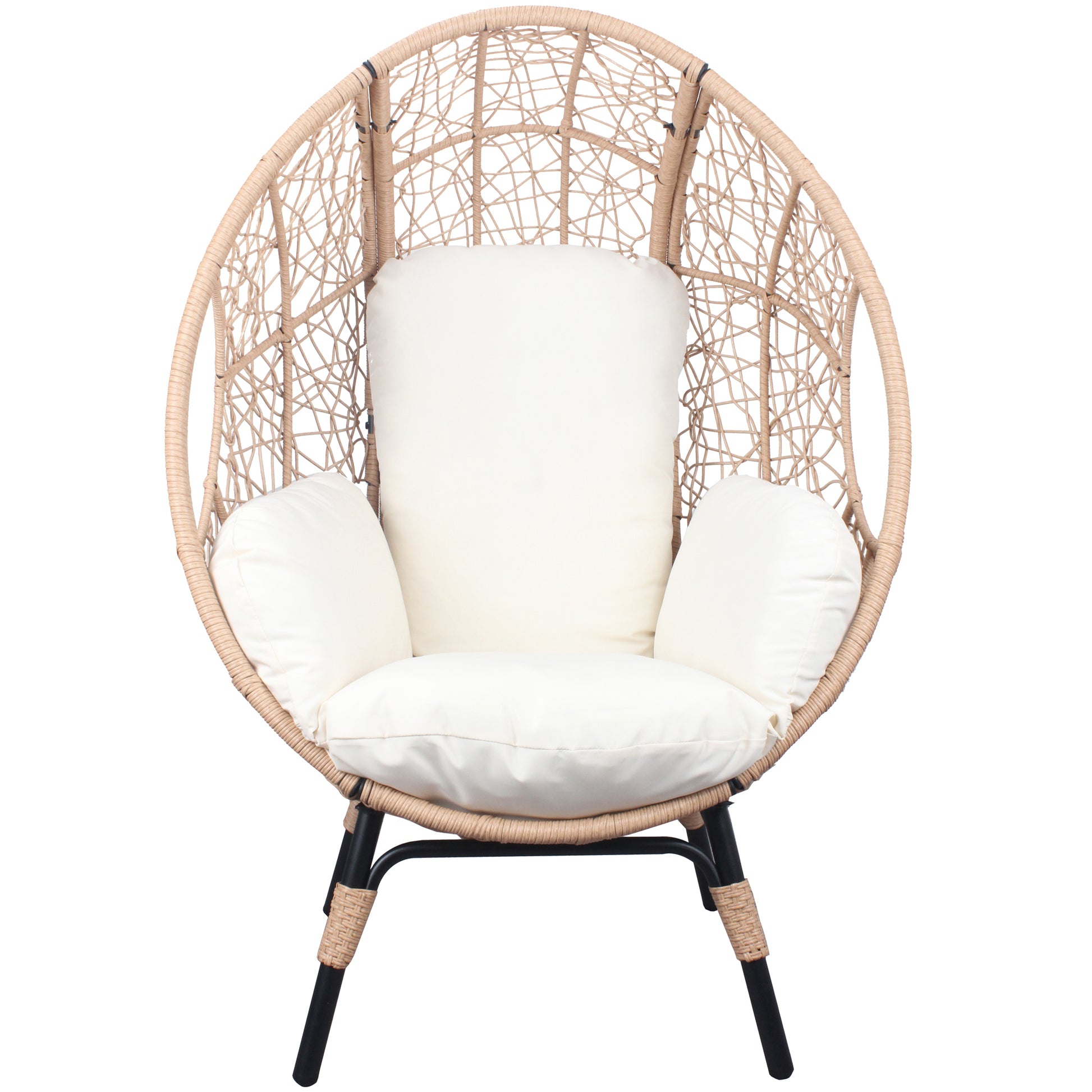 3 Pieces Patio Egg Chairs Model 3 With Side Table Set,Natural Color Pe Rattan And Beige Cushion Yes Natural Foam Steel