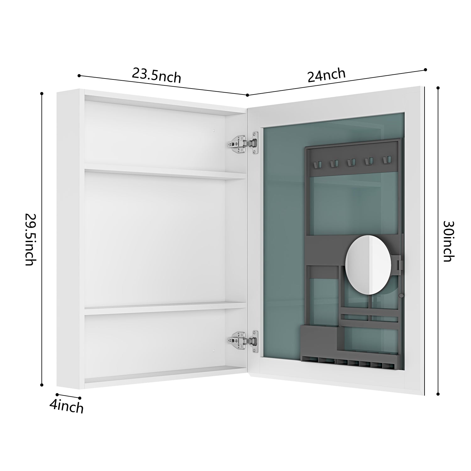 24'' W X 30'' H Surface Frameless Mirror Medicine Cabinet, Beveled Mirror Edges Bathroom Medicine Cabinet, Right Opening Door White Engineered Wood
