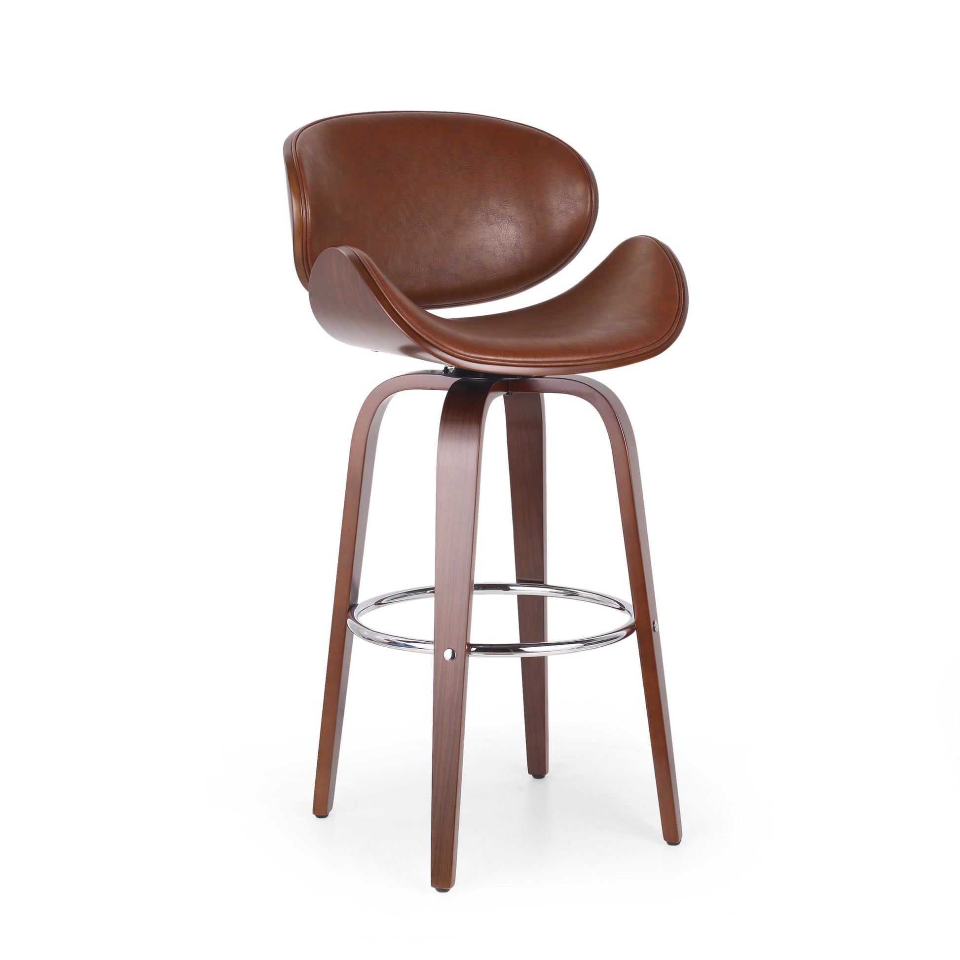 30" Mid Century Modern Upholstered Swivel Barstool, Walnut Cognac Brown Pu