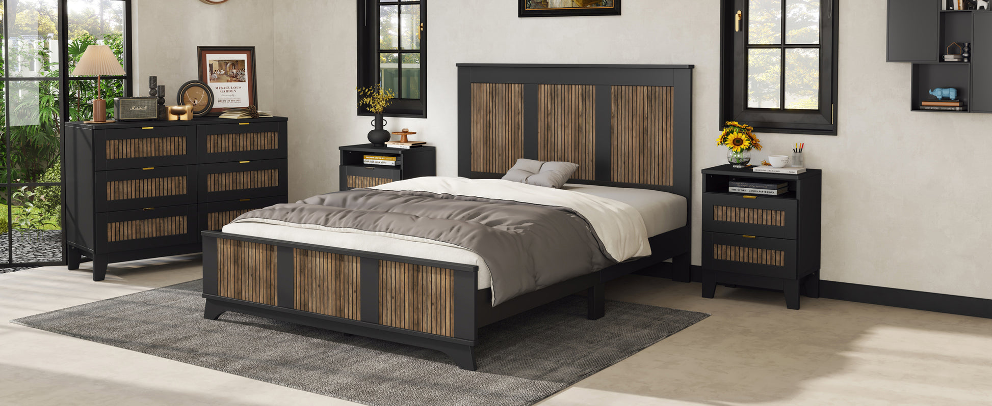 4 Pieces Bedroom Sets, Queen Size Farmhouse Platform Bed With Wooden Strip Decoration, Storage Nightstand And Dresser With Metal Handle, Black Queen Black 4 Piece Set Particle Board