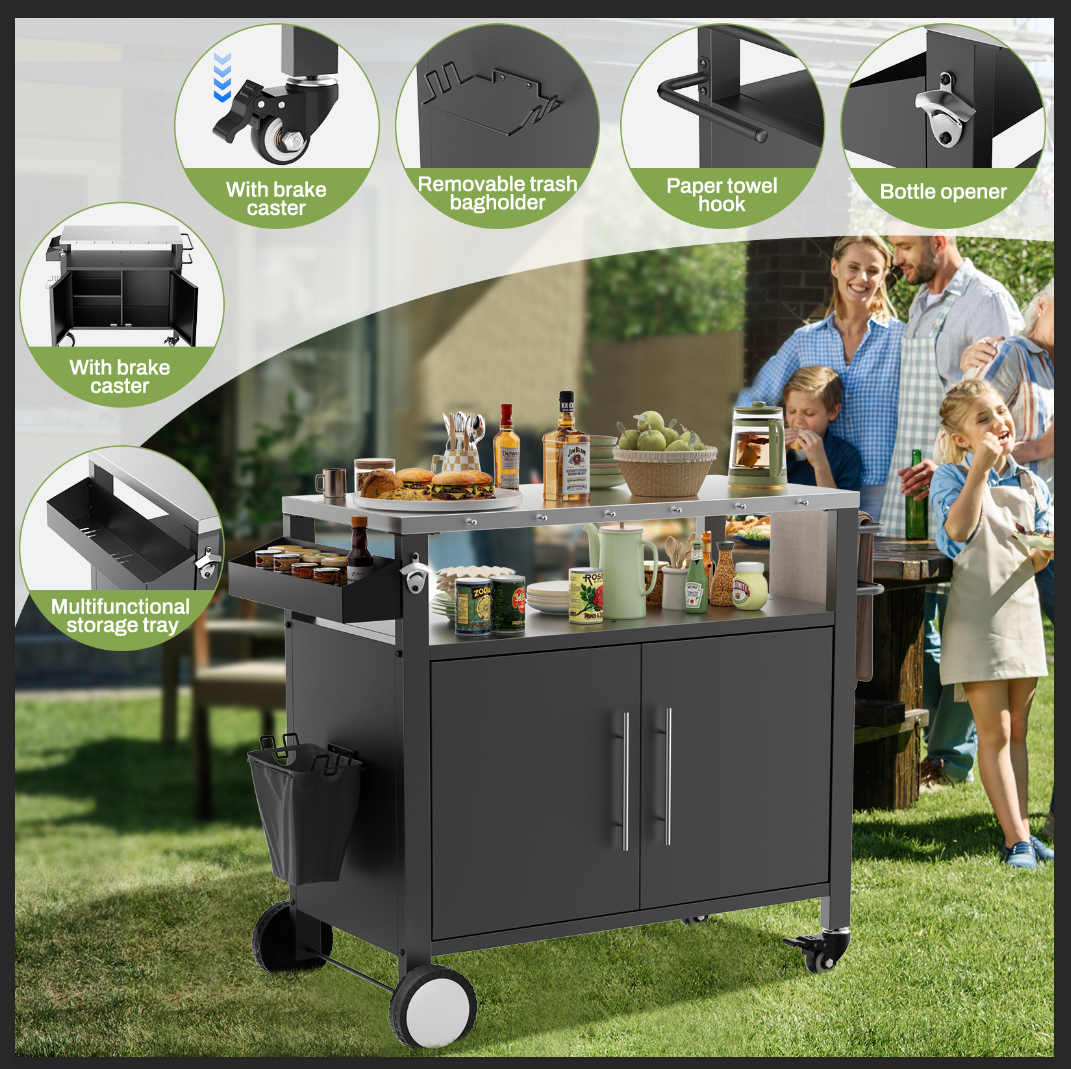 Two Doors Outdoor Grill Cart With Patio Furniture, Outdoor Grill Table With Storage,Rolling Bar Cart Outdoor Bbq Cart With Hooks And Spice Rack For Grilling Accessories, Black Black Silver Stainless