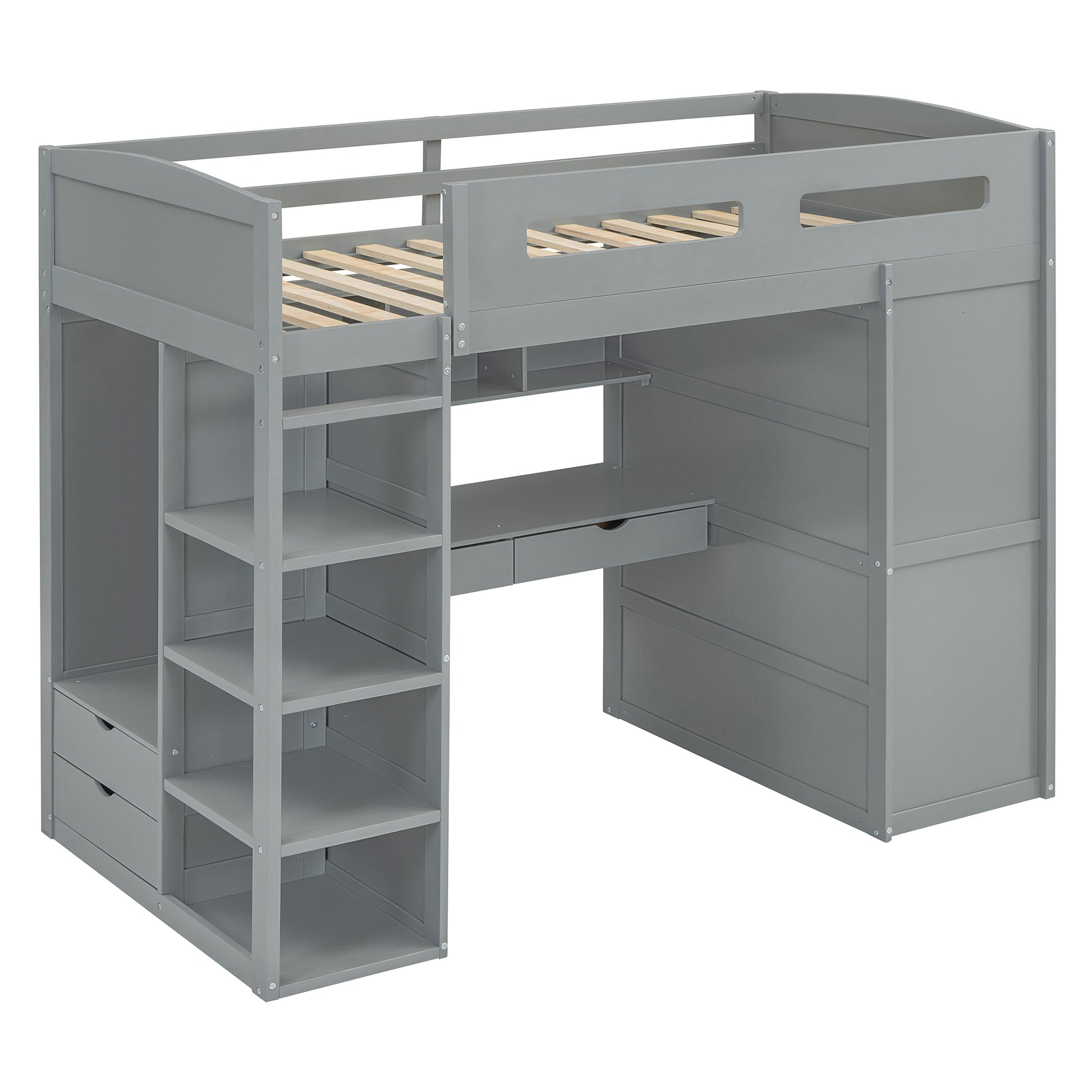 Twin Size Loft Bed With Desk, Wardrobes, 4 Drawers And 4 Shelves Gray Twin Gray Solid Wood