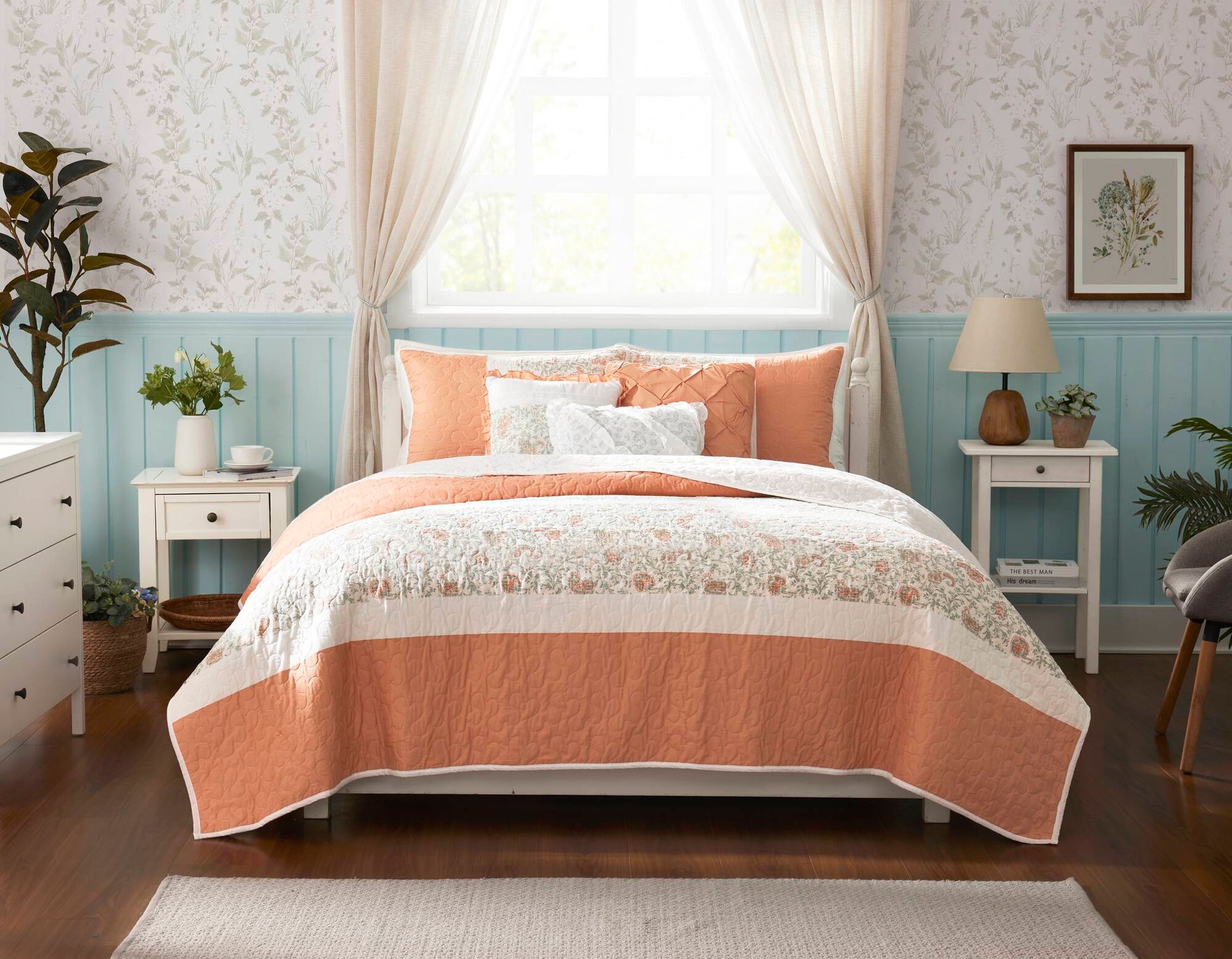 6 Piece Cotton Percale Quilt Set With Throw Pillows Coral Full Queen Full Coral Polyester