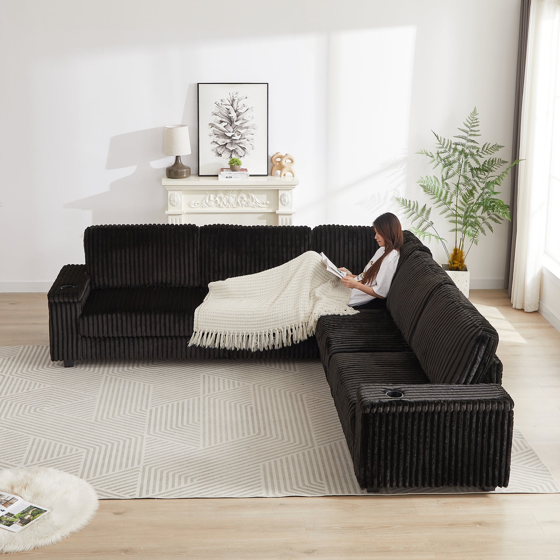 110 Inch Oversized Corduroy Corner Sofa,L Shaped Corner Couch With Two Storage Spaces,Usb Port & T Pyce Port And Cup Holderdeep Seat Comfy Upholstered Couches For Living Room Not Freely Combinable Black Corduroy 5 Seat