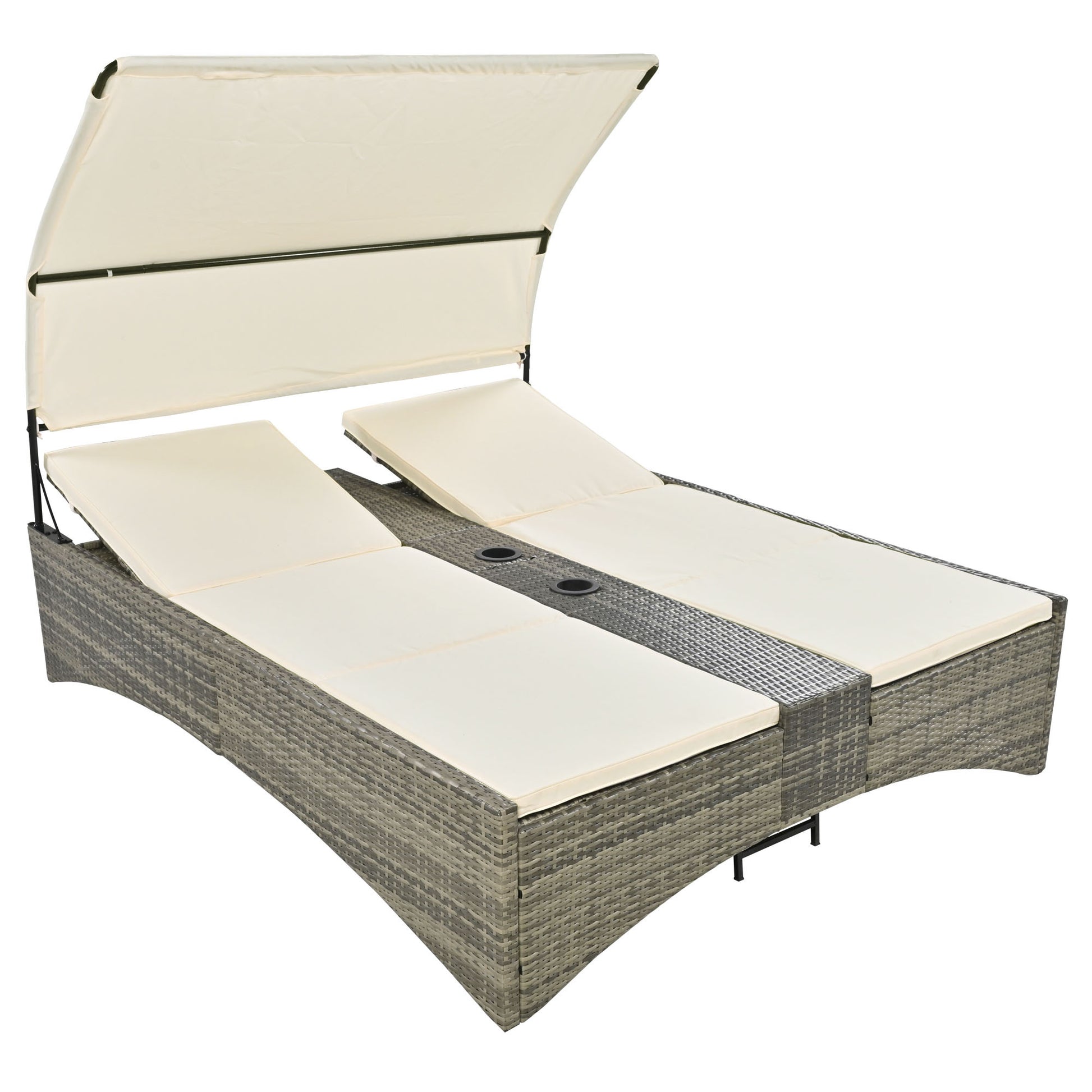 Patio Daybed Outdoor Daybed Outdoor Rattan Sun Lounger With Shelter Roof With Adjustable Backrest, Storage Box And 2 Cup Holders For Patio, Balcony, Poolside,Cream Yes Cream Seats 2 Water Resistant Frame Water Resistant Cushion Garden & Outdoor Sectional