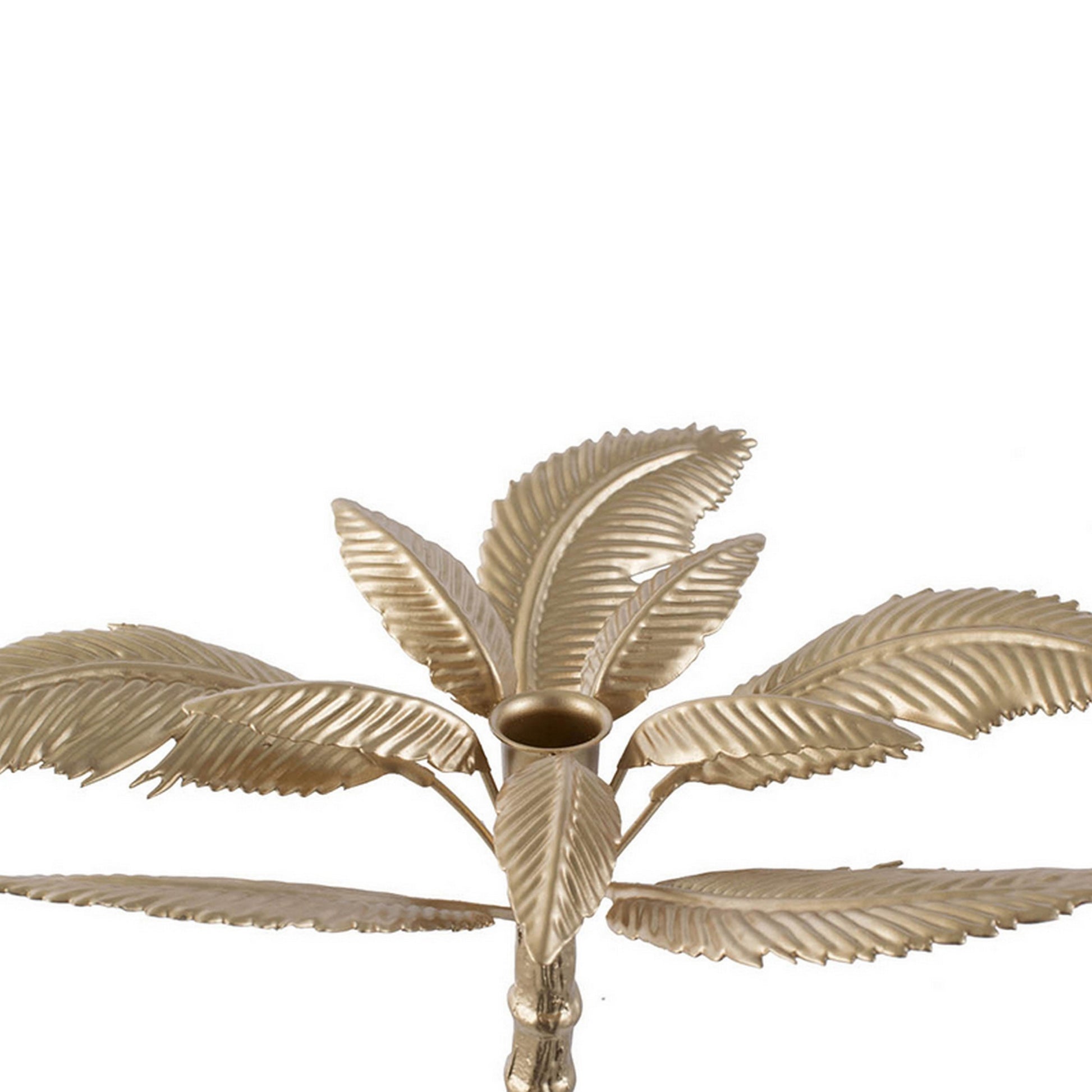 16 Inch Tall Artisan Candle Holder Inspired By A Palm Tree, Iron, Gold Gold Iron