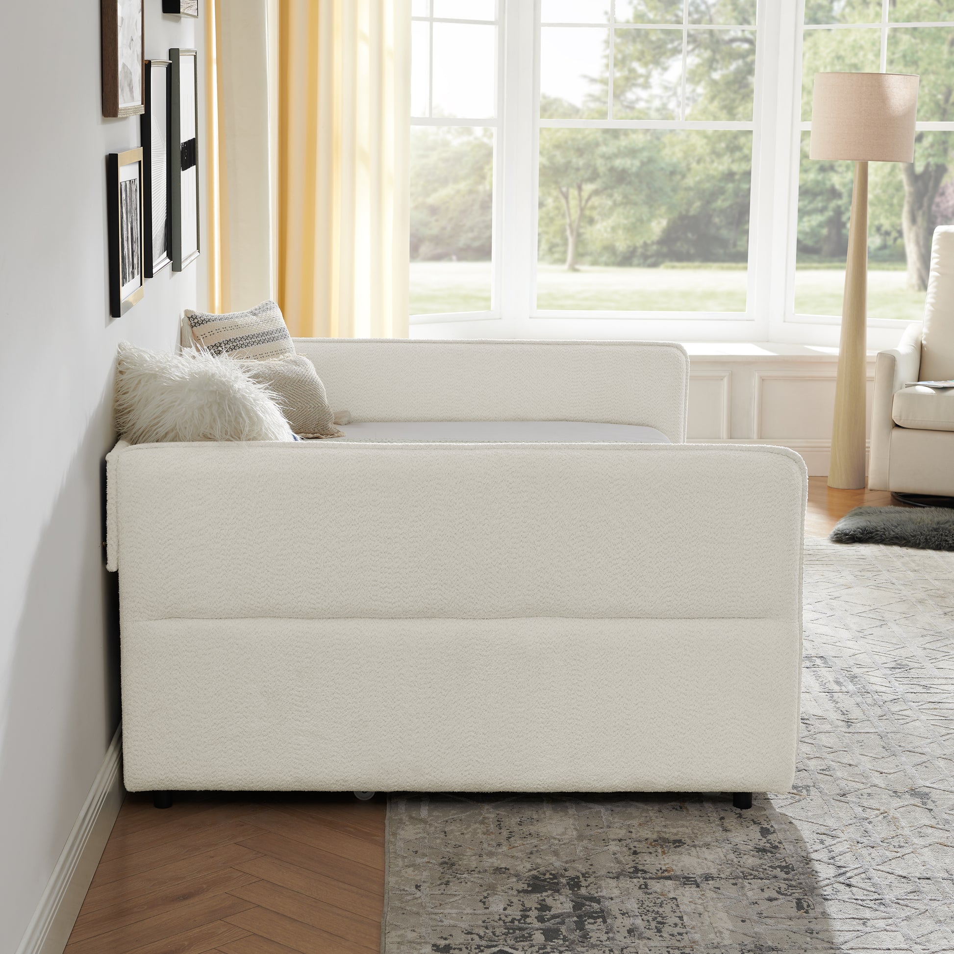 Daybed With Trundle Upholstered Tufted Sofa Bed, Full Size, Boucle Fabric, Beige 83"X58.5"X29.5" Beige Boucle