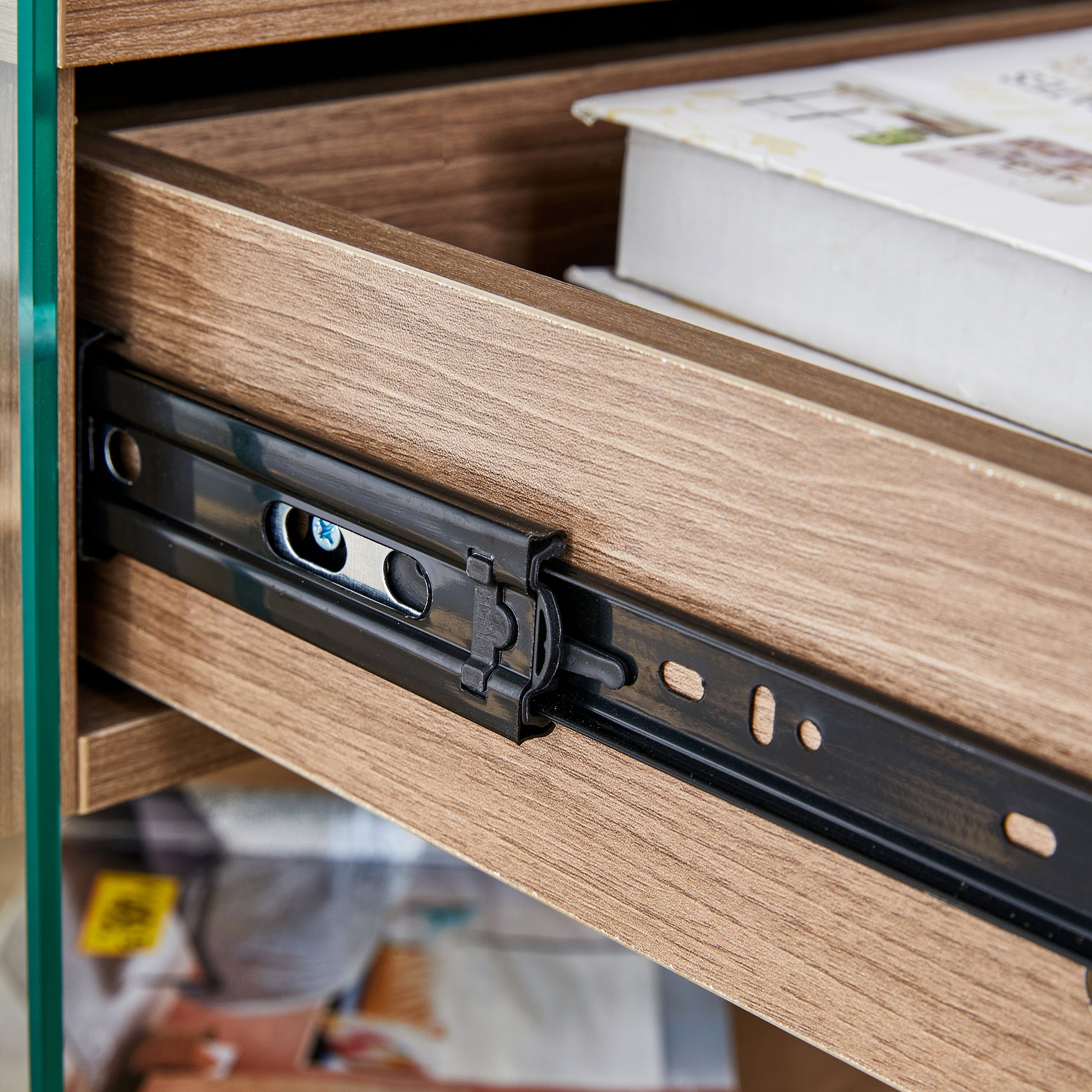 Bedside Table With Drawers. The Board Surface Is Mdf Sticker, And Both Sides Are Transparent Tempered Glass. The Design Is Simple And Elegant, With Excellent Storage Functions. Wood 1 Drawer Mdf Glass