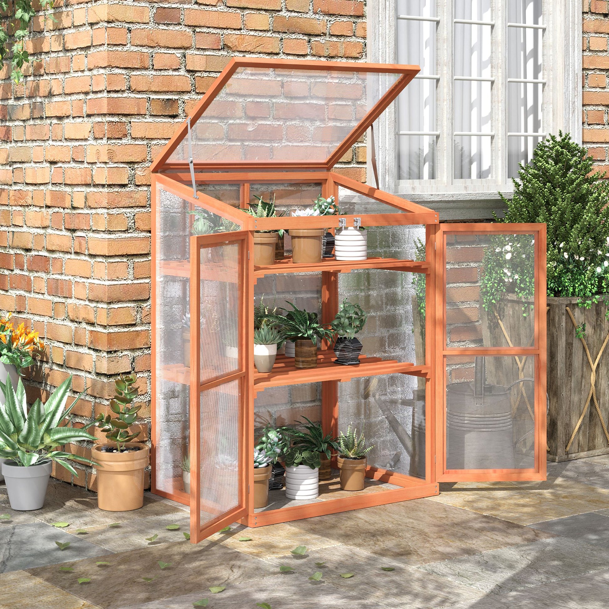 Outsunny Wooden Cold Frame Small Mini Greenhouse Cabinet For Outdoor And Indoor, 30" L X 24" W X 44" H, Natural Natural Wood Wood