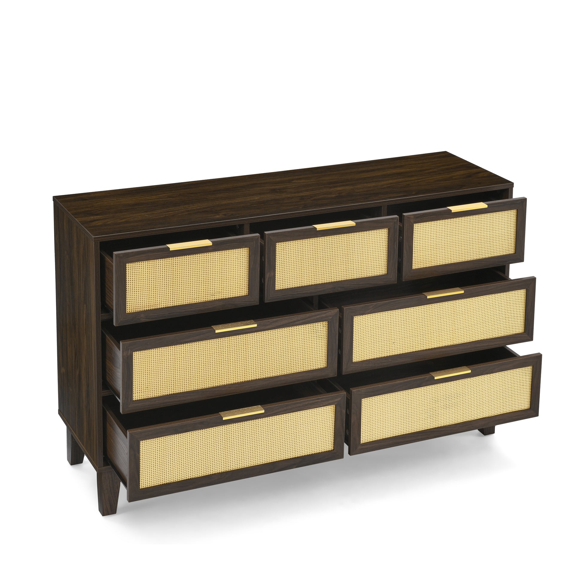 Bedroom 7 Drawer Dresser, Rattan Dresser Modern Wooden Chest Of Drawers With Spacious Storage Space For Bedroom Hallway Living Room Walnut Solid Wood Mdf