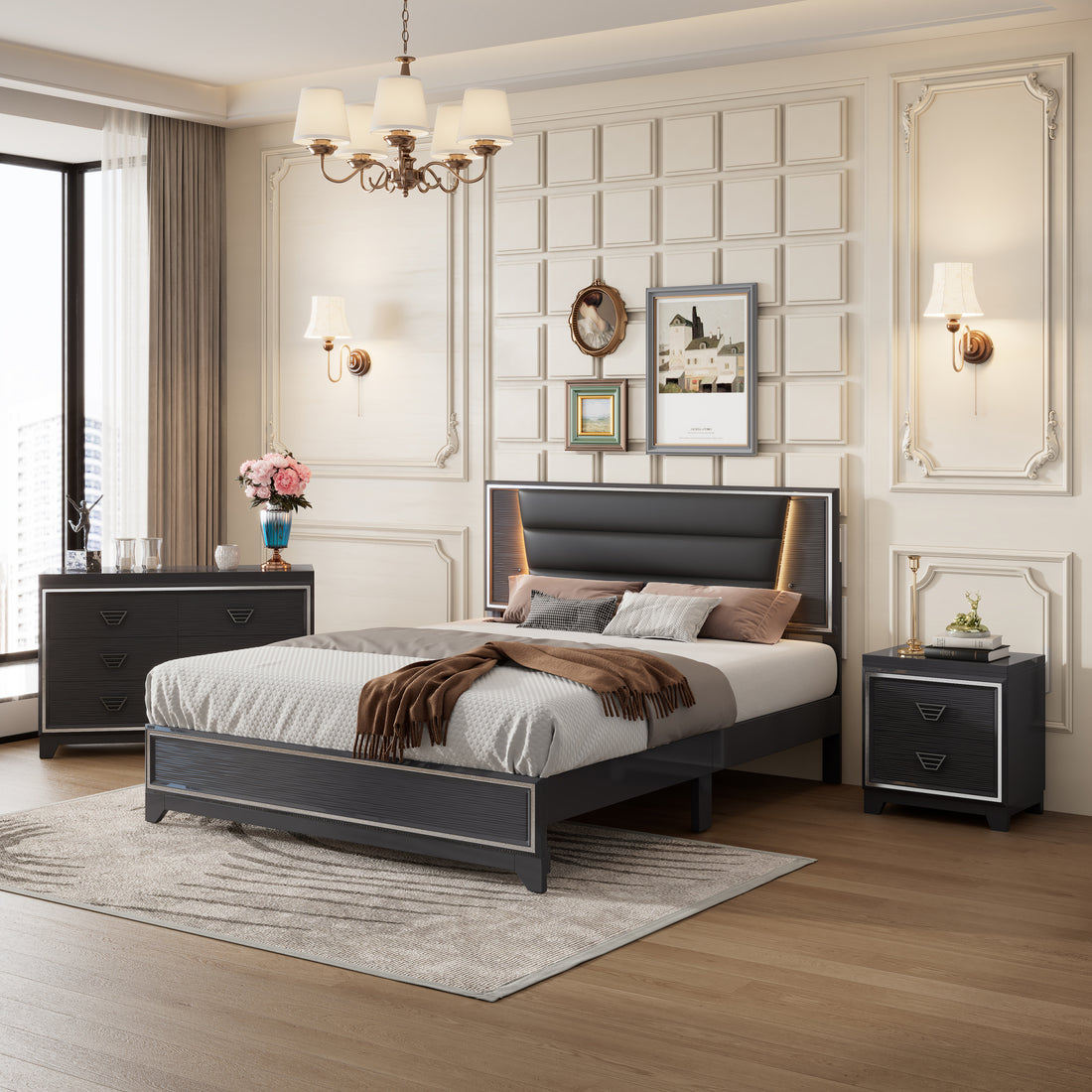 3 Pieces Bedroom Sets Queen Size Upholstered Bed With Led Lights, Nightstands And Dresser With Metal Handles And Sparkling Shiny Decoration, Black Expected Arrival Time:8.5 Queen Black 3 Piece Set Mdf Metal