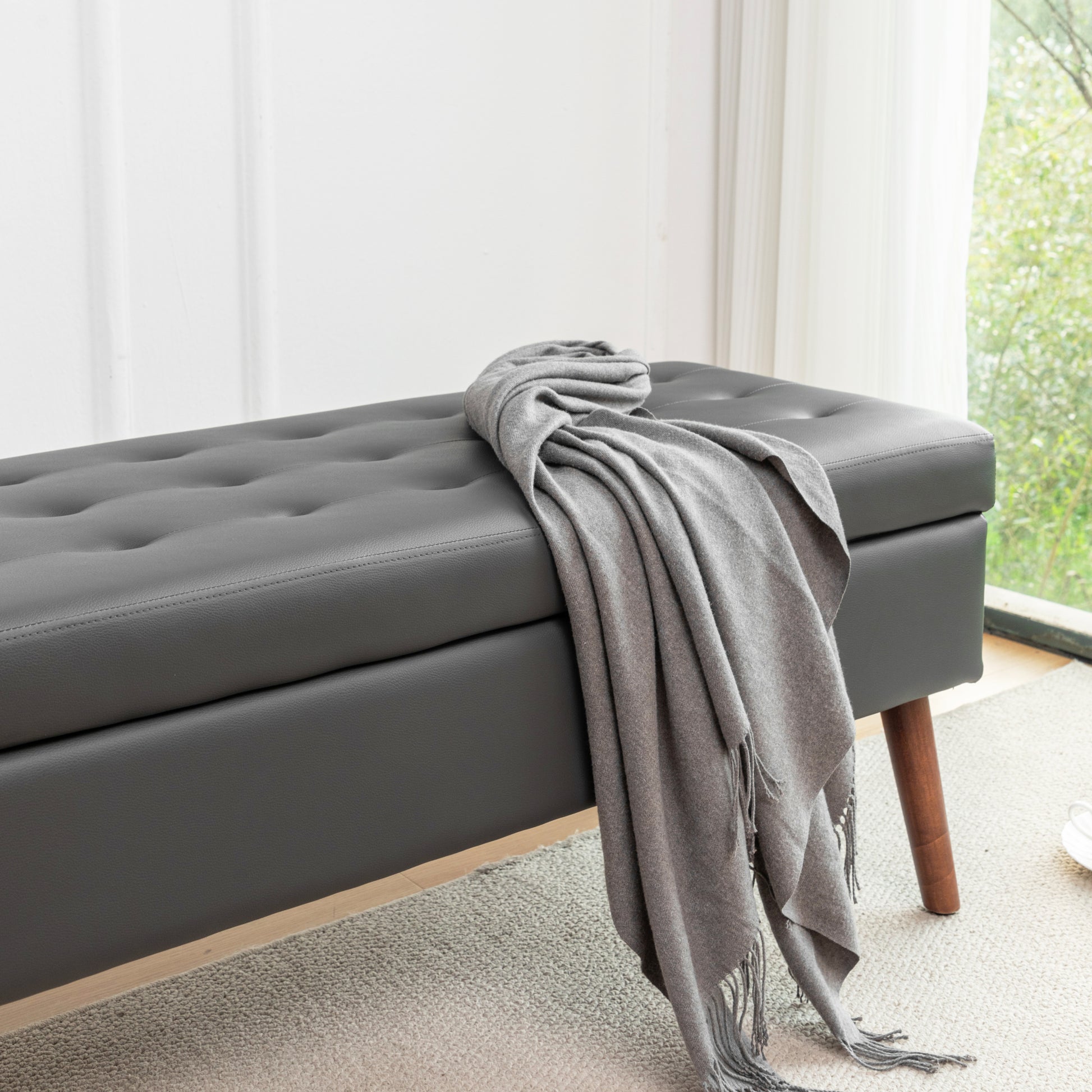 Storage Bench With Storage Bench For Bedroom End Of Bed Bench Foot Of Bed Bench Entryway Bench Storage Ottoman Bench 43.3" W X 17.7" Dark Grey Leather Bench Dark Grey Pu Leather