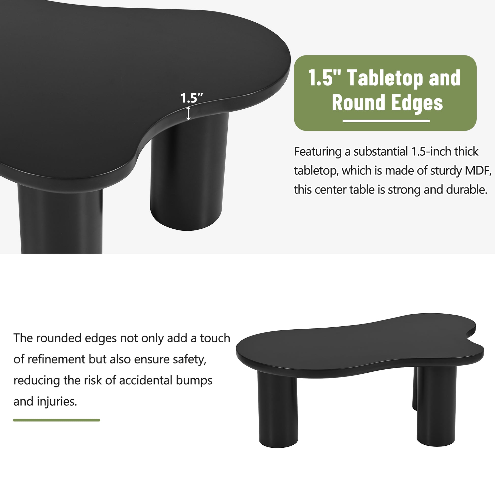 44'' X 25.9'' Easy Assembly Cloud Coffee Table With 1.5'' Thick Tabletop, Cream Style Irregular End Table With 3 Sturdy Legs, Sleek Center Table With Round Edge For Living Room, Black Black Mdf
