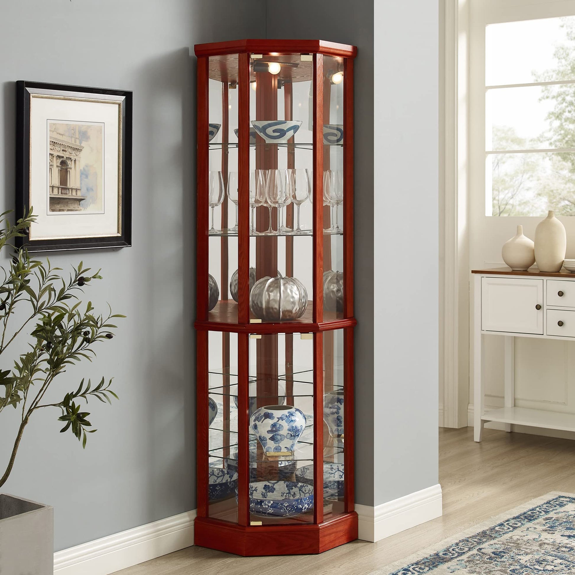 6 Shelf Lighted Corner Curio Cabinet With Adjustable Tempered Glass Shelves And Mirror Back, Cherry E26 Light Bulb Not Included Cherry Mdf