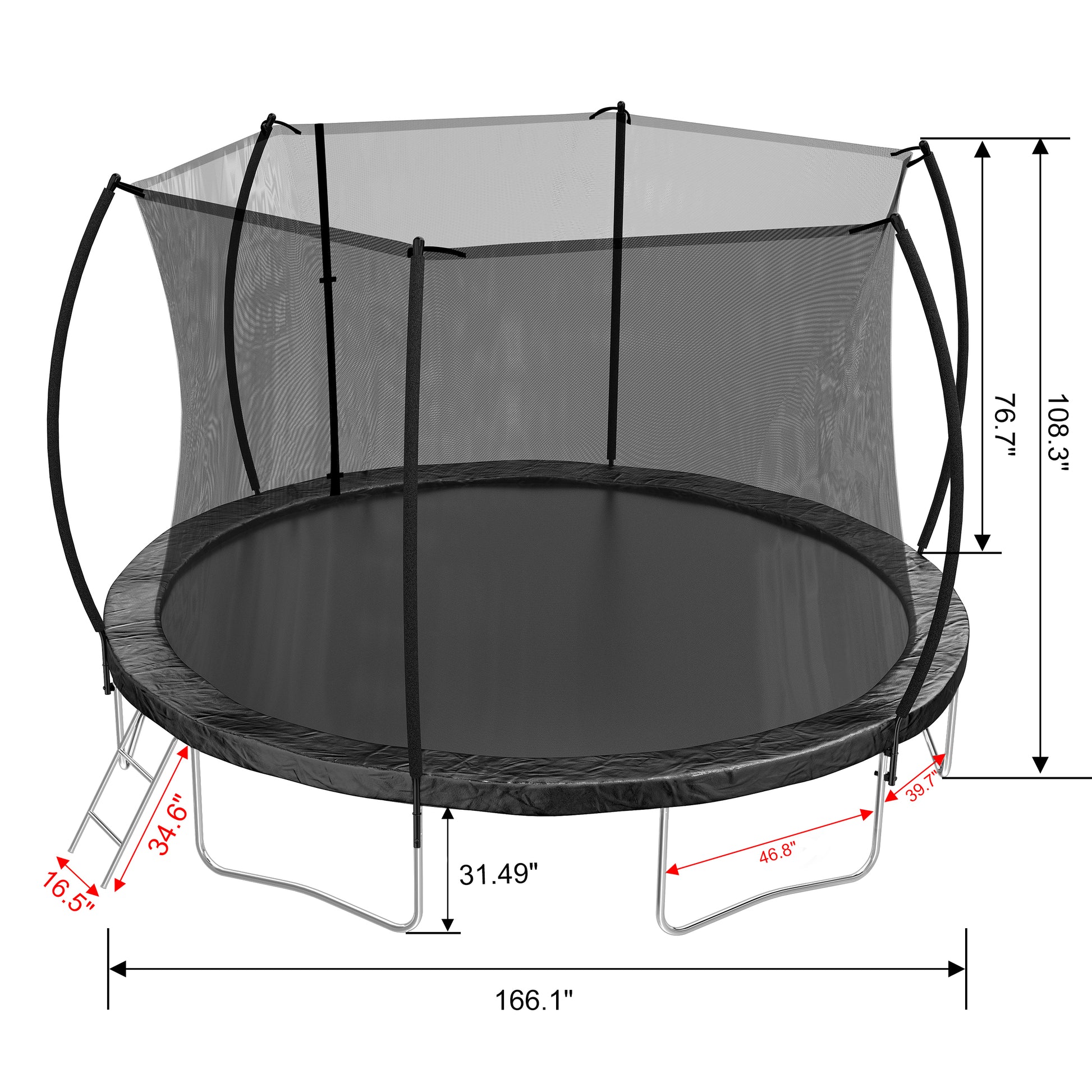14Ft Trampoline Double Side Color Pad Trampoline For Kids And Adults With Enclosure Net And Ladder,Curved Fence Pole Black Steel Steel