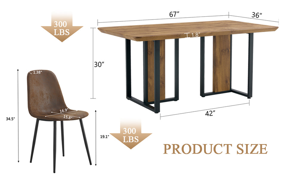 Table And Chair Set.67"X36" Wood Textured Mdf Dining Table Set With 4 Brown Suede Chairs.Mdf Sticker,Wood Colored Texture Sticker,Brown Armless Dining Chair,Suitable For Kitchen,Dining Room,Etc.