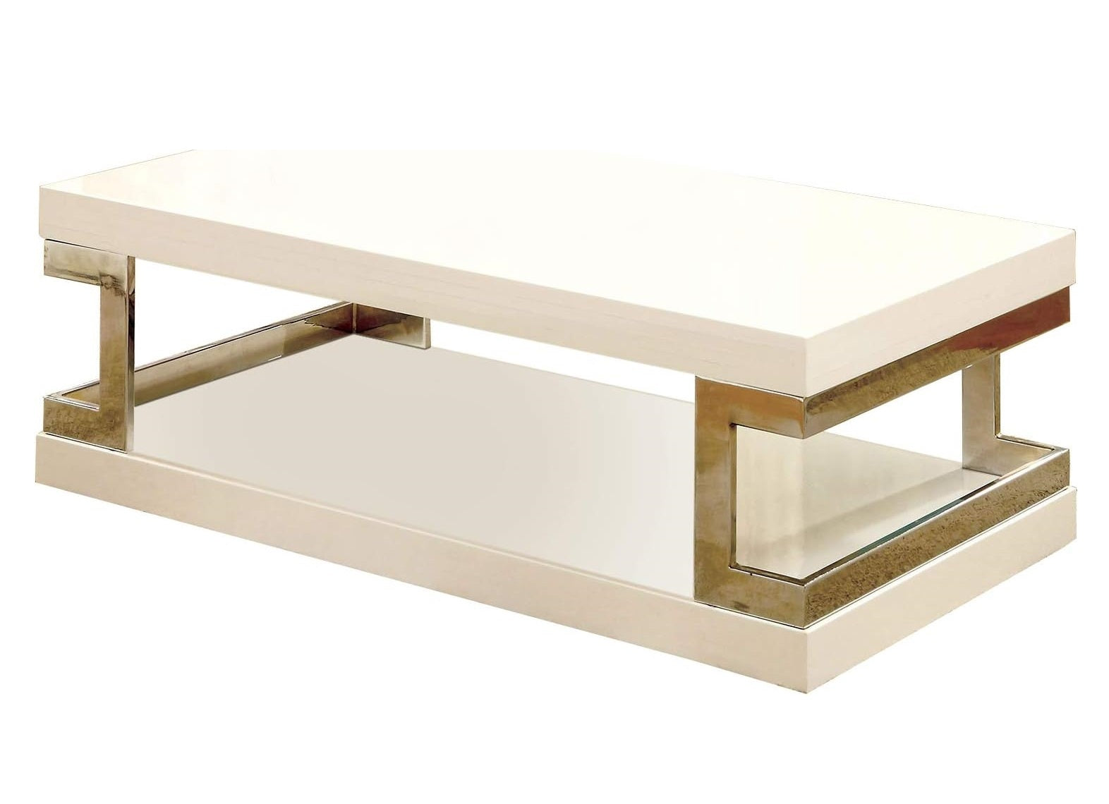 Contemporary Style White 1Pc Coffee Table Bottom Shelf High Gloss Lacquer Coating Chrome Frame Accents Living Room Furniture White Primary Living Space Antique,Classic,Contemporary,Modern,Transitional Open Storage Rectangular Coffee & End Tables Metal