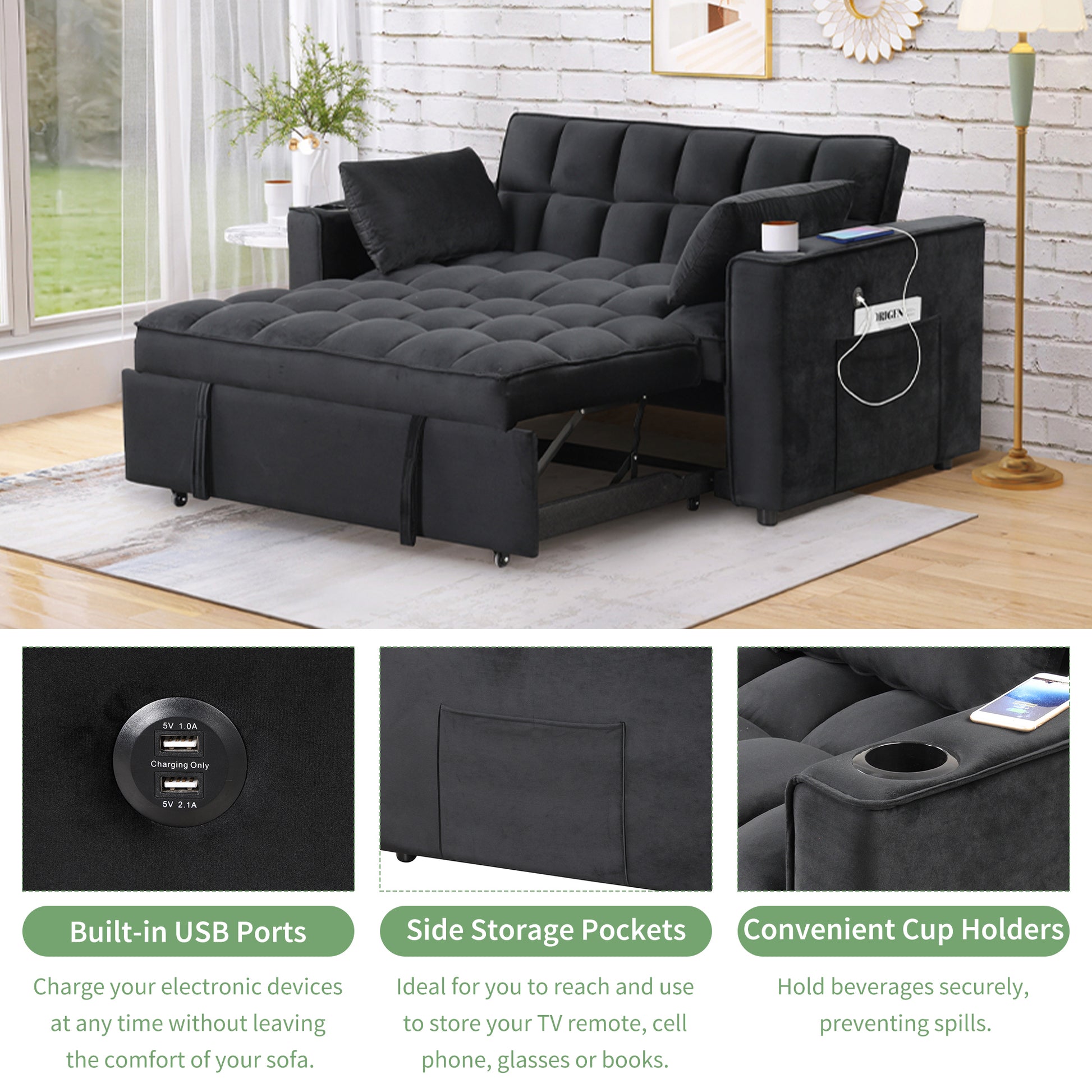 58" 4 1 Multi Functional Sofa Bed With Cup Holder And Usb Port For Living Room Or Apartments Black Black Foam 2 Seat