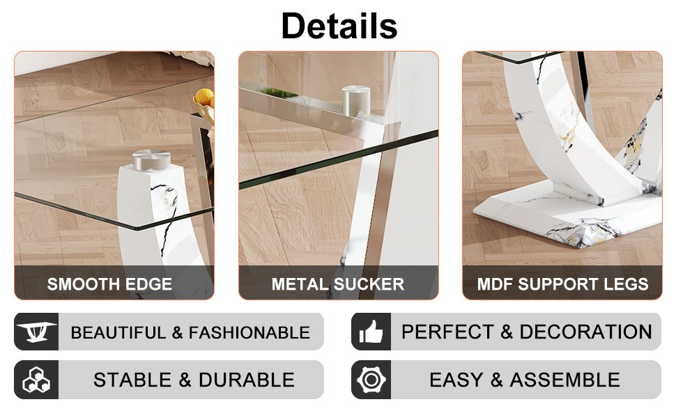 Table And Chair Set, Large Modern Rectangular Glass Table, Can Accommodate 6 8 People, Equipped With A 0.39 Inch Tempered Glass Tabletop And Mdf Table Legs.Paired With Comfortable And Soft Chairs. Black Mdf Glass