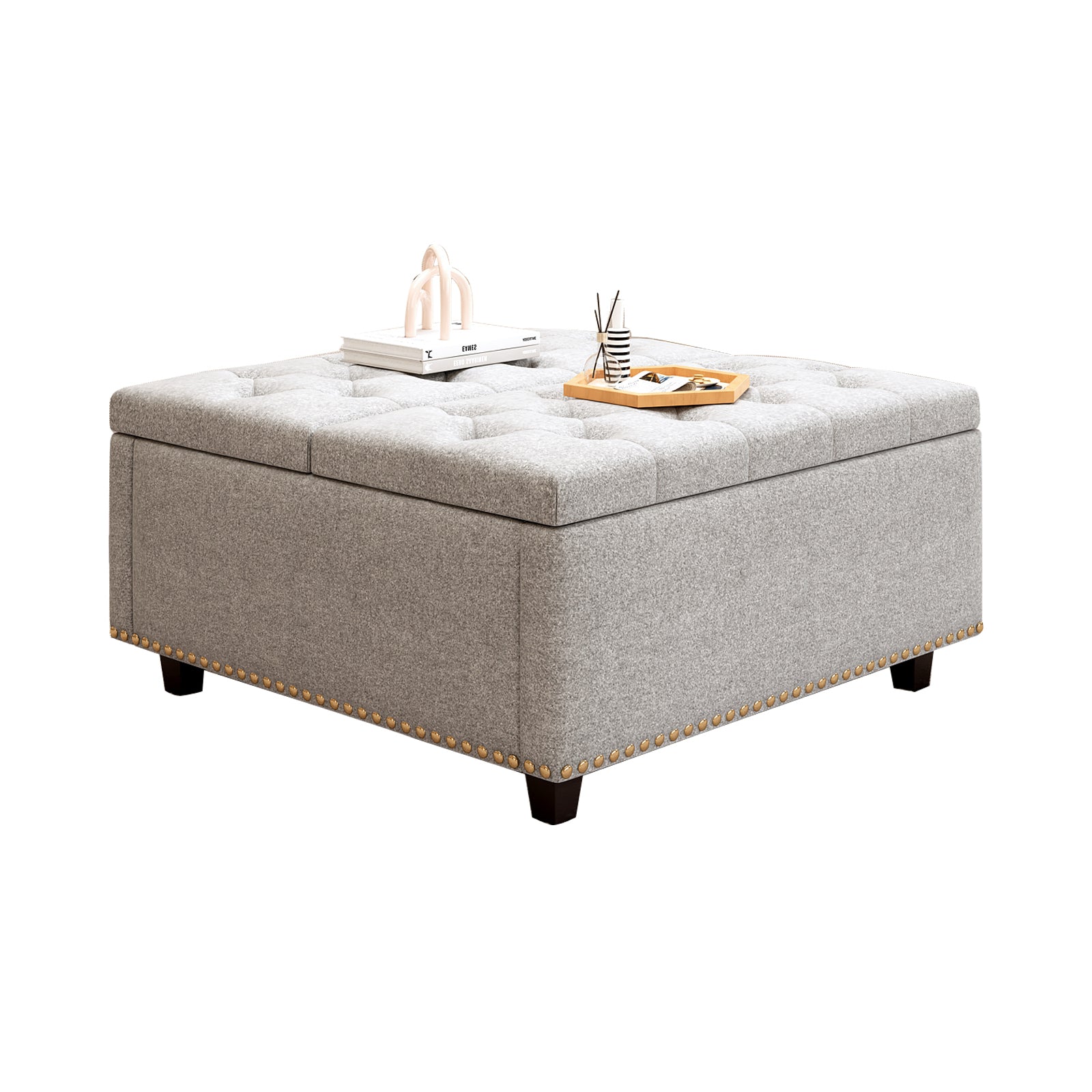 Large Square Storage Bench, Footstool With Two Storage Doors, Mid Century Modern Coffee Table For Living Room,Inlay, Light Grey Light Gray Modern Foam Linen