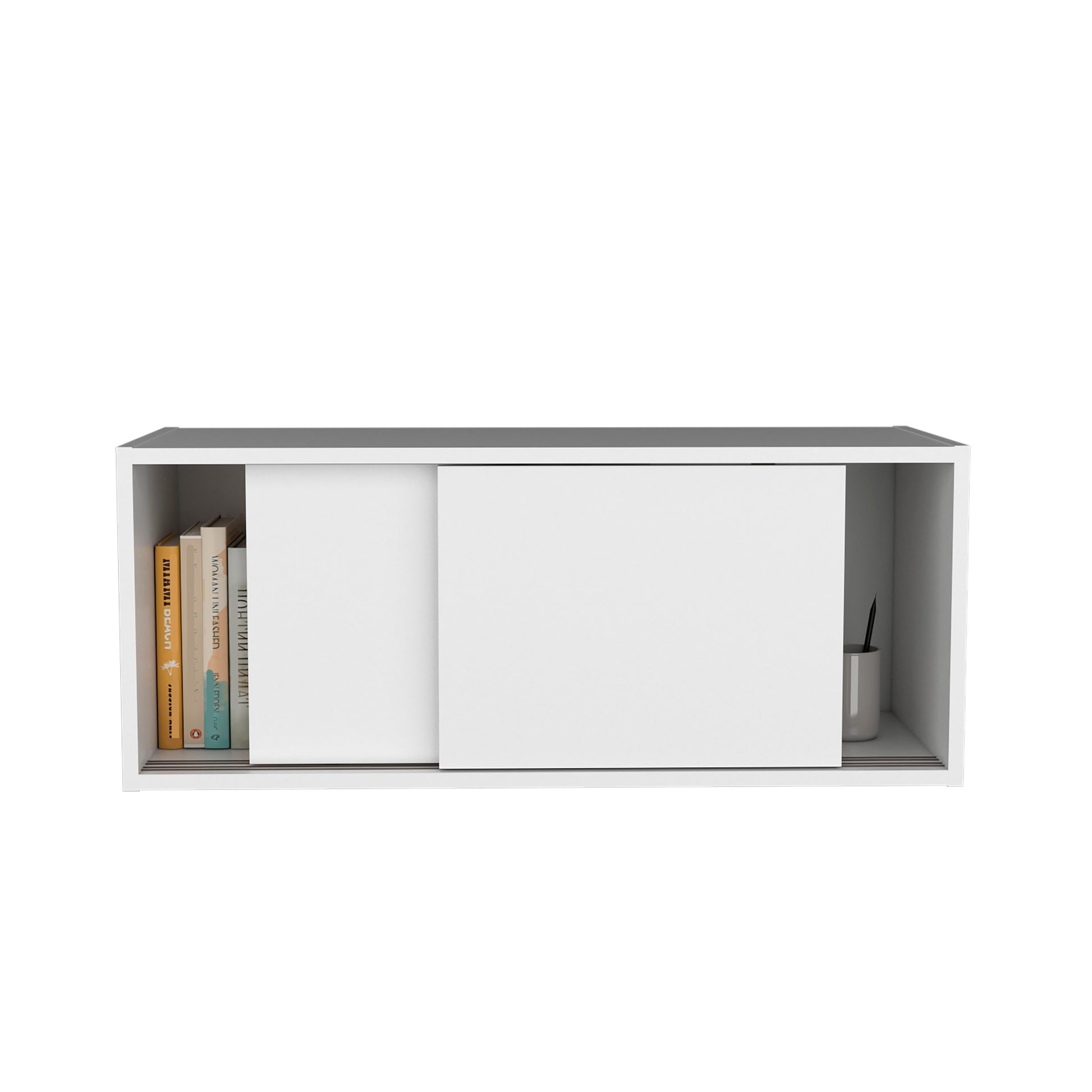 Note 32"W X 13" H Wall Cabinet With Sliding Doorswall Shelf, Storage Cabinet, Bedroom, Office, Living Room, Garage 1 2 Shelves White Office Modern Particle Board