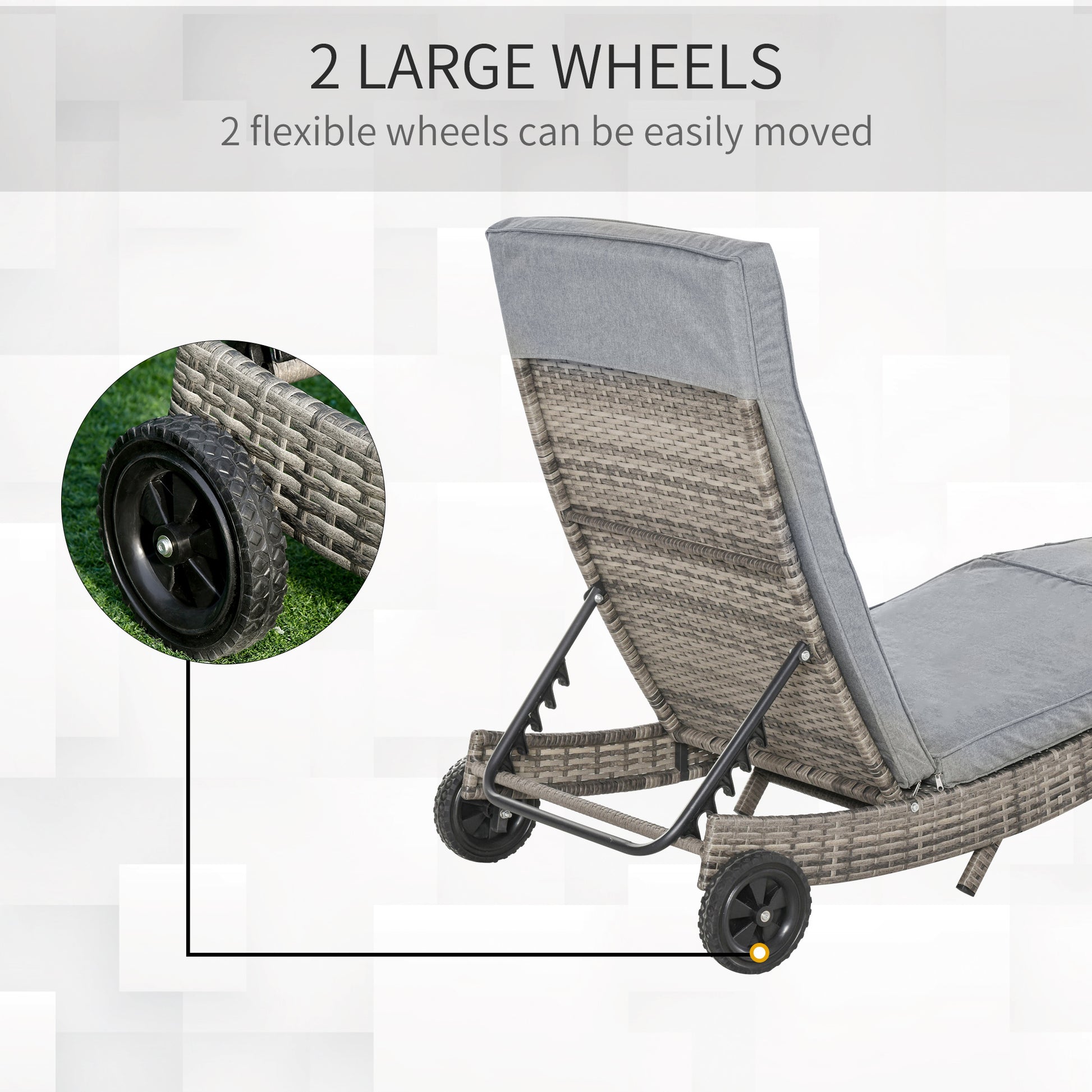 Outsunny Chaise Lounge Pool Chair, Outdoor Pe Rattan Cushioned Patio Sun Lounger W 5 Level Adjustable Backrest & Wheels For Easy Movement, Wicker, Mixed Gray Gray Steel