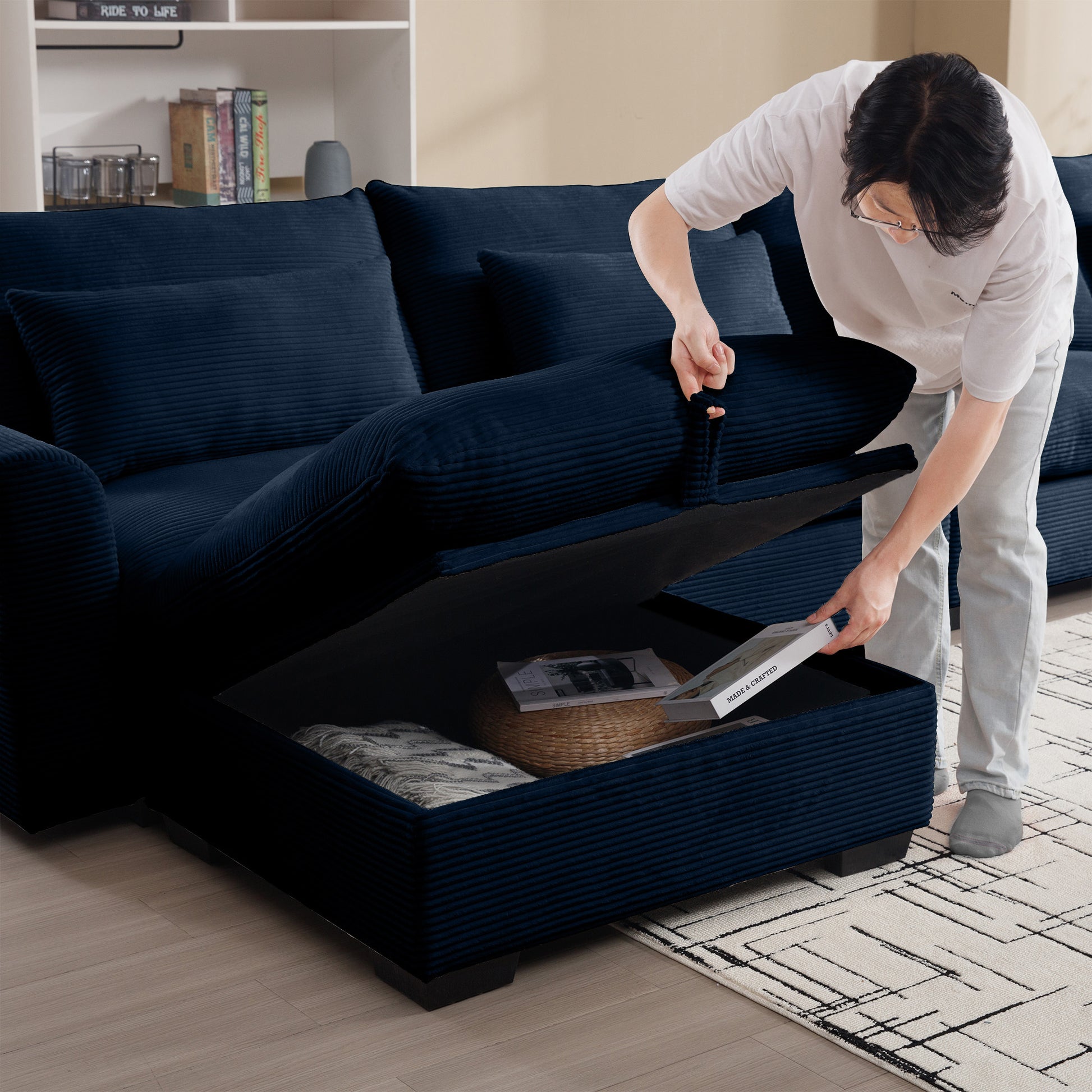 Corduroy Sectional Sofa, L Shaped Couch With Storage Footstool And 3 Pillow, Sectional Couch For Living Room Apartment, Bule Blue Corduroy 3 Seat