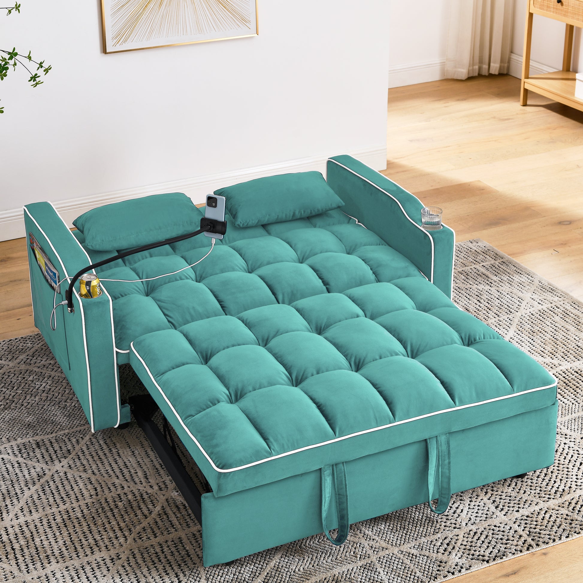 55.51 Inch Versatile Foldable Sofa Bed In 3 Lengths, Modern Sofa Sofa Sofa Velvet Pull Out Bed, Adjustable Back And With Usb Port And Ashtray And Swivel Phone Stand Green Full Antique Blue Green