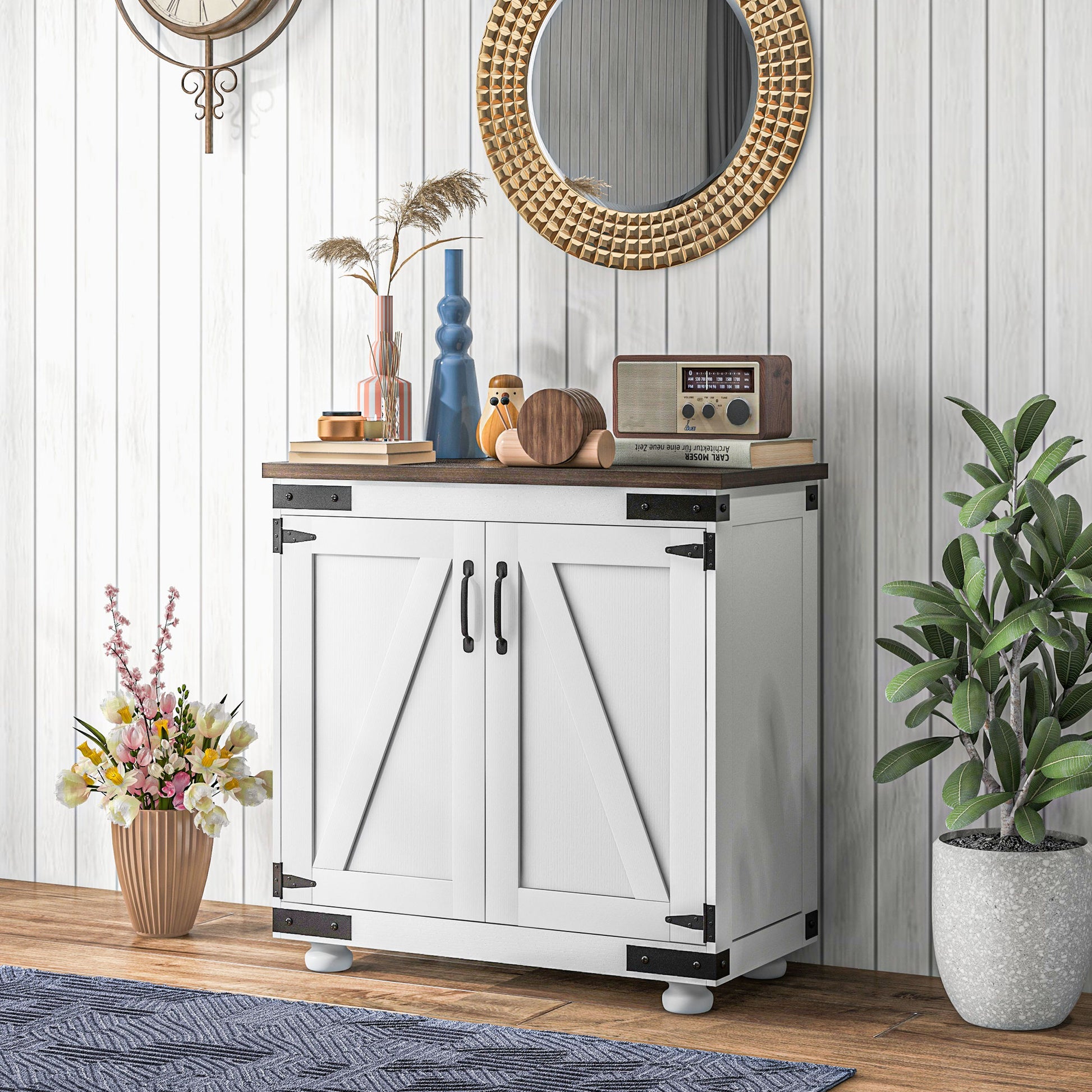 Homcom Modern Farmhouse Sideboard, Buffet Cabinet With Barn Style Door And Adjustable Shelf, Kitchen Storage Cabinet With Wood Legs, Distressed White And Brown White Particle Board