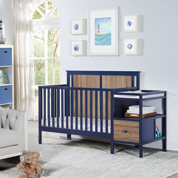 Connelly 4 In 1 Crib And Changer Combo Midnight Blue Vintage Walnut Blue Brown Wood