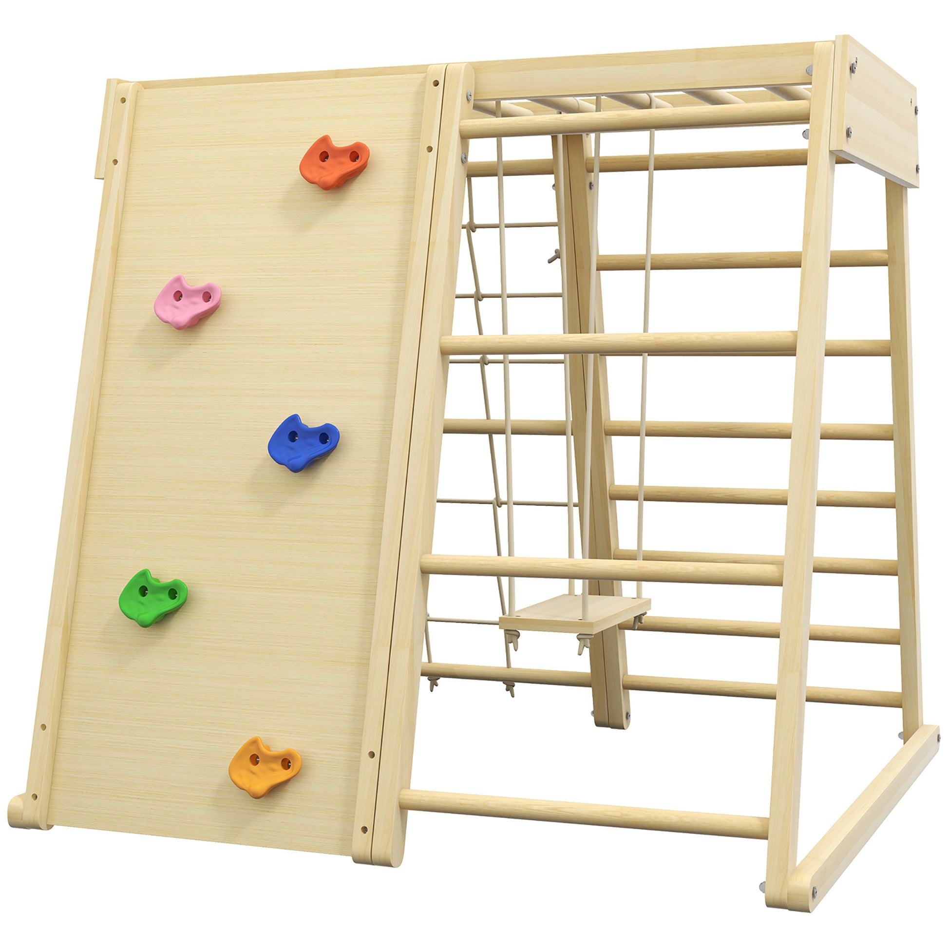 Qaba Indoor Jungle Gym,5 In 1 Toddler Climbing Toys With Monkey Bars, Wooden Climbing Wall, Rope, For 3 Years Old Wood Wood