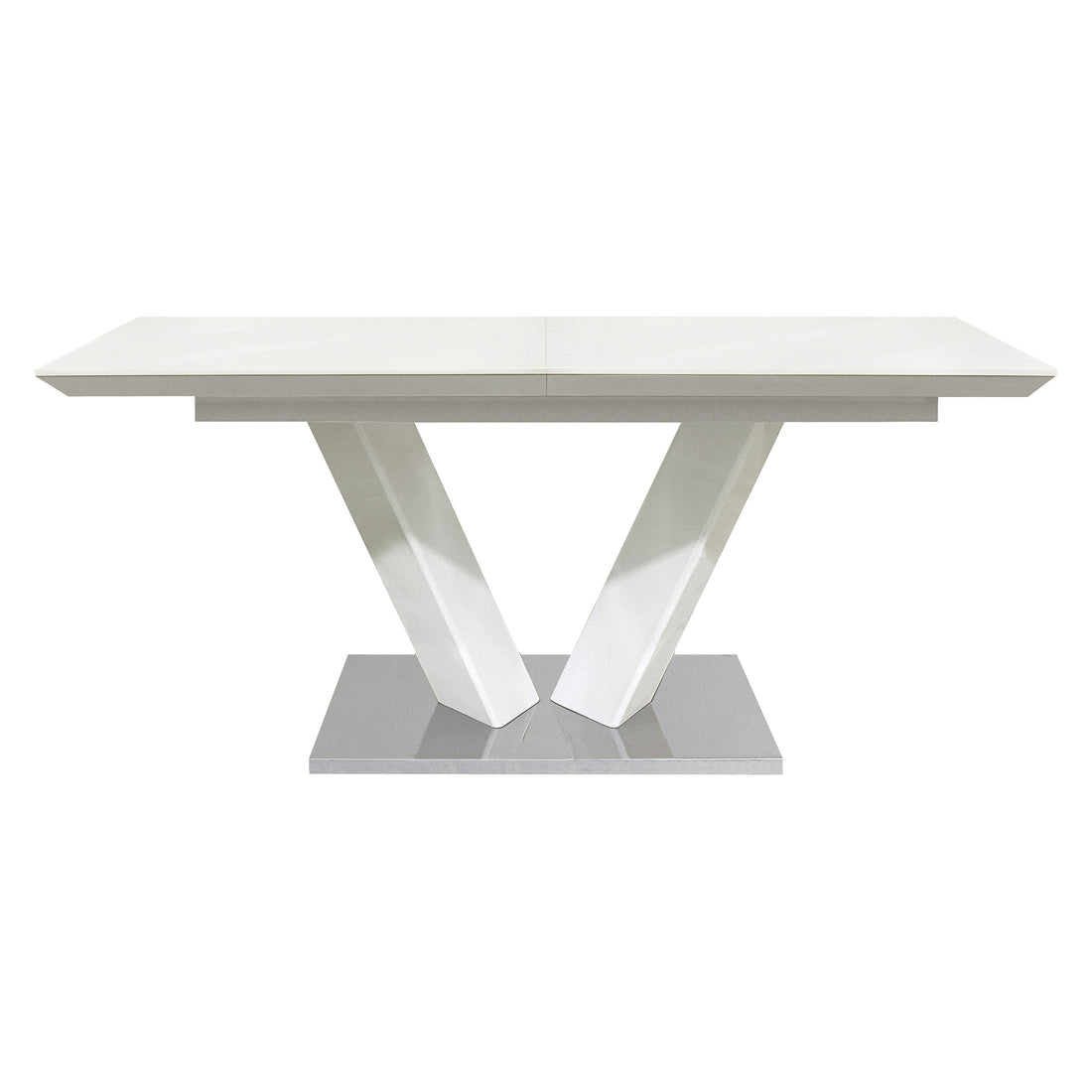 Sleek Contemporary Style Dining Table White High Gloss Finish Tabletop Self Storing Extension Leaf V Shaped Support Chrome Base Plate Dining Room Furniture 1Pc White Seats 6 Dining Room Contemporary,Modern Kitchen & Dining Tables Rectangular Metal,Wool