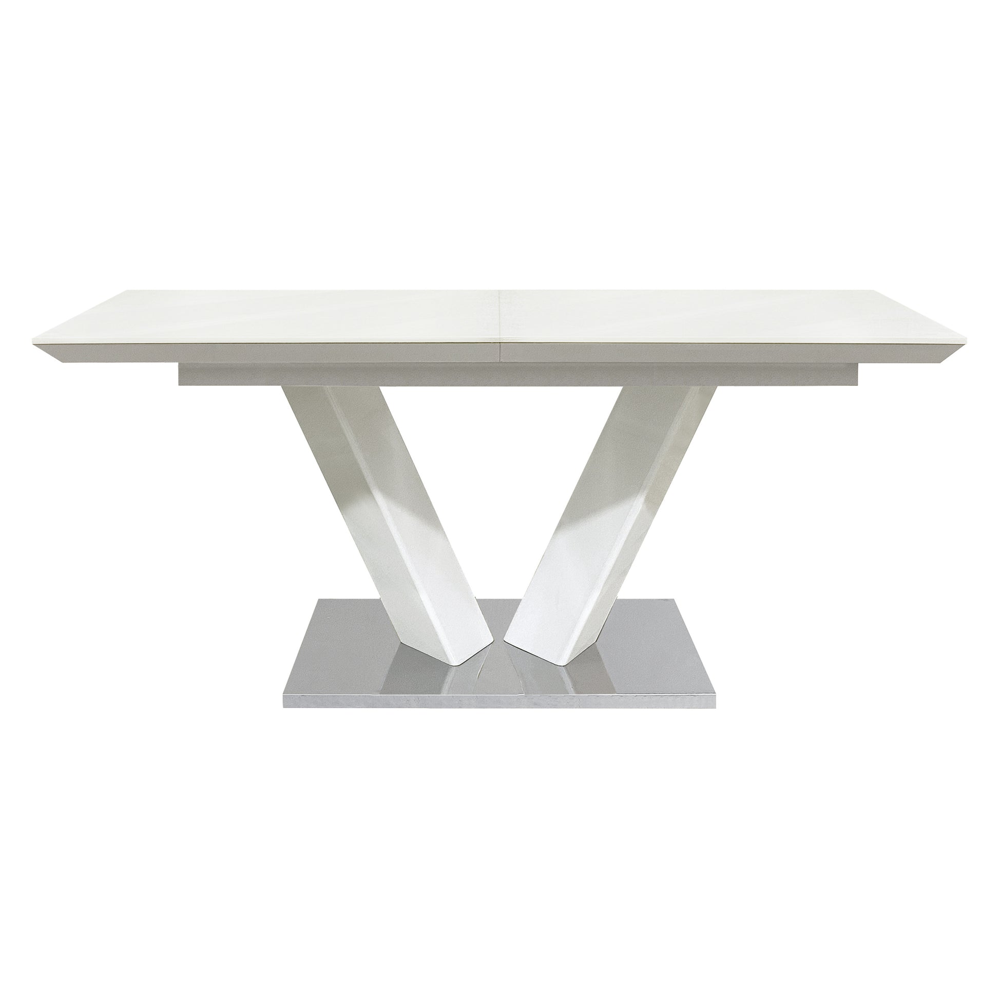 Sleek Contemporary Style Dining Table White High Gloss Finish Tabletop Self Storing Extension Leaf V Shaped Support Chrome Base Plate Dining Room Furniture 1Pc White Seats 6 Dining Room Contemporary,Modern Kitchen & Dining Tables Rectangular Metal,Wool