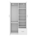 Wooden Wardrobe With Double Doors, Armoire With Hanging Rod, 5 Fixed Shelves, One Storage Drawer,White White Particle Board