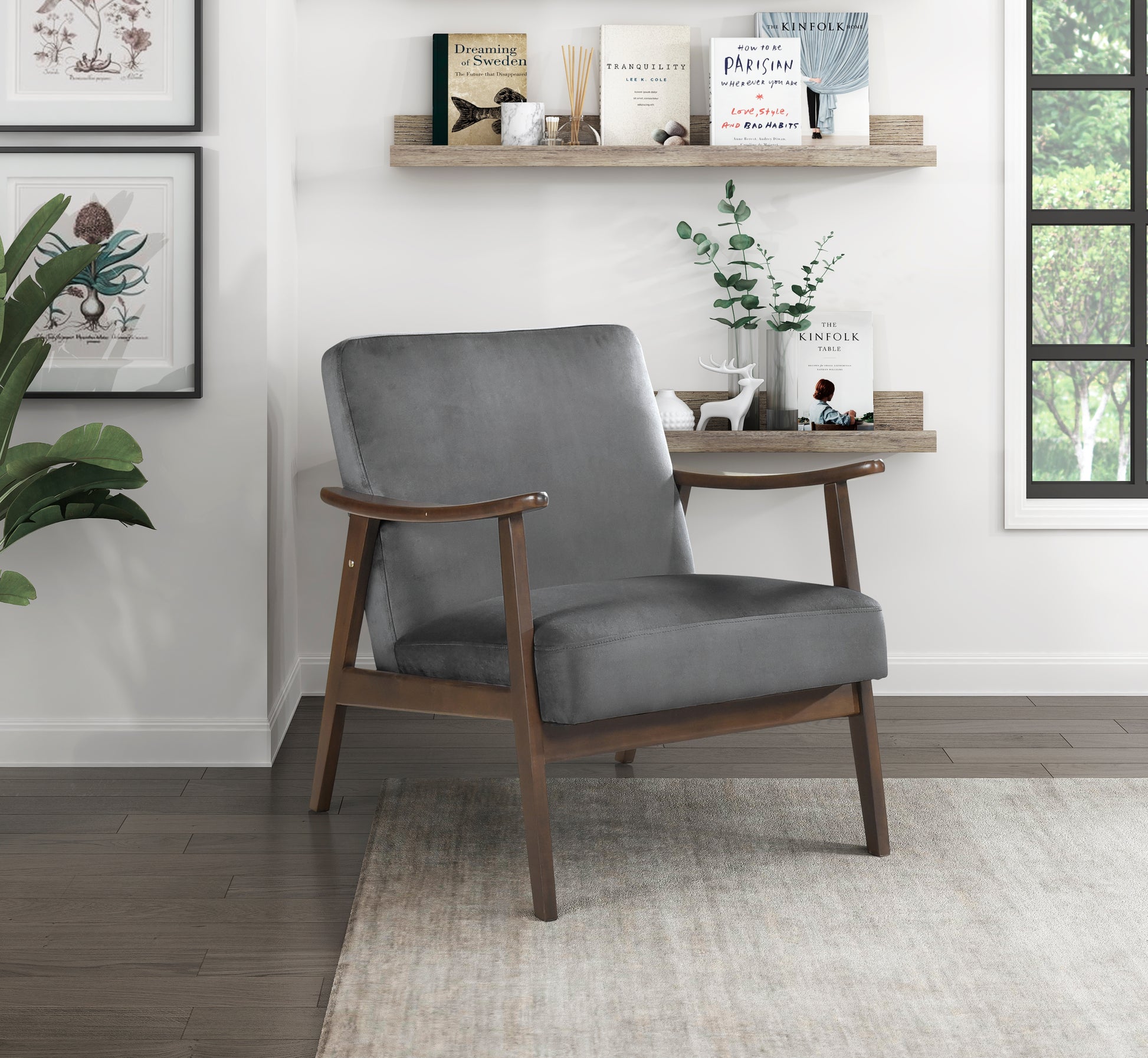 Mid Century Modern Design 1Pc Accent Chair Dark Gray Velvet Upholstery Dark Walnut Finish Wood, High Resiliency Foam Cushions Dark Gray Primary Living Space Mid Century Modern Solid Wood