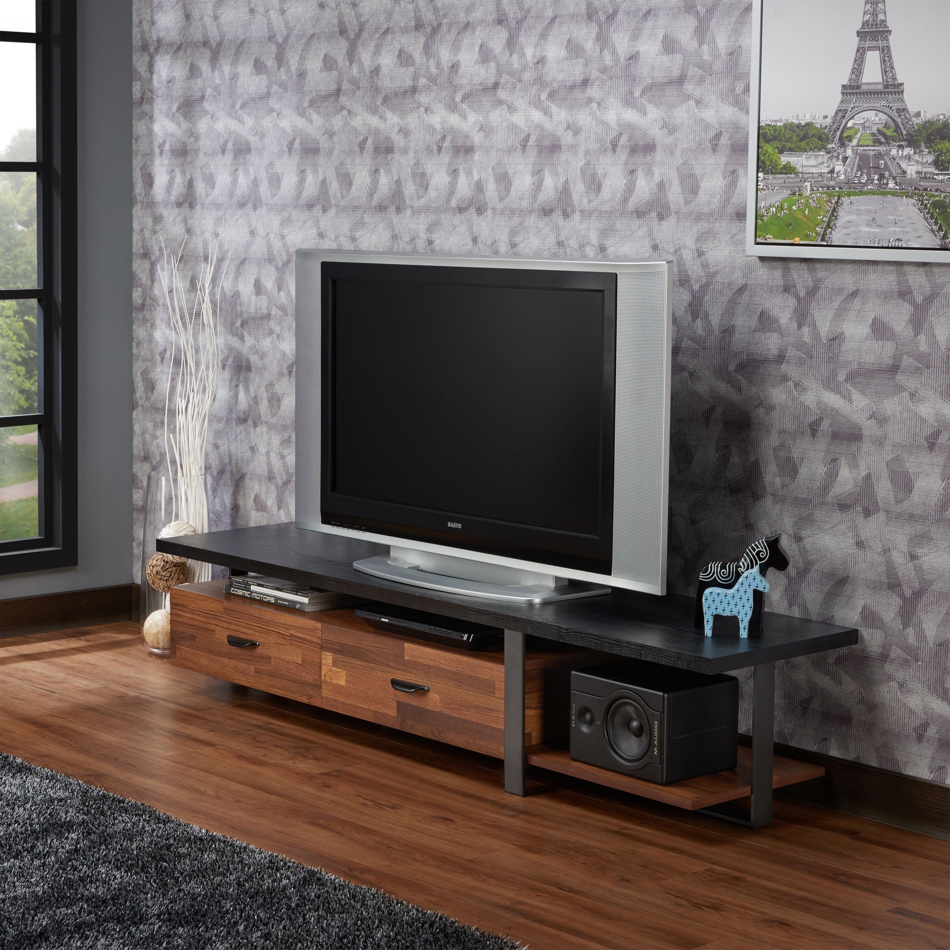 Elling Walnut & Black Finish Tv Stand Walnut Black 50 59 Inches Synthetic Wood