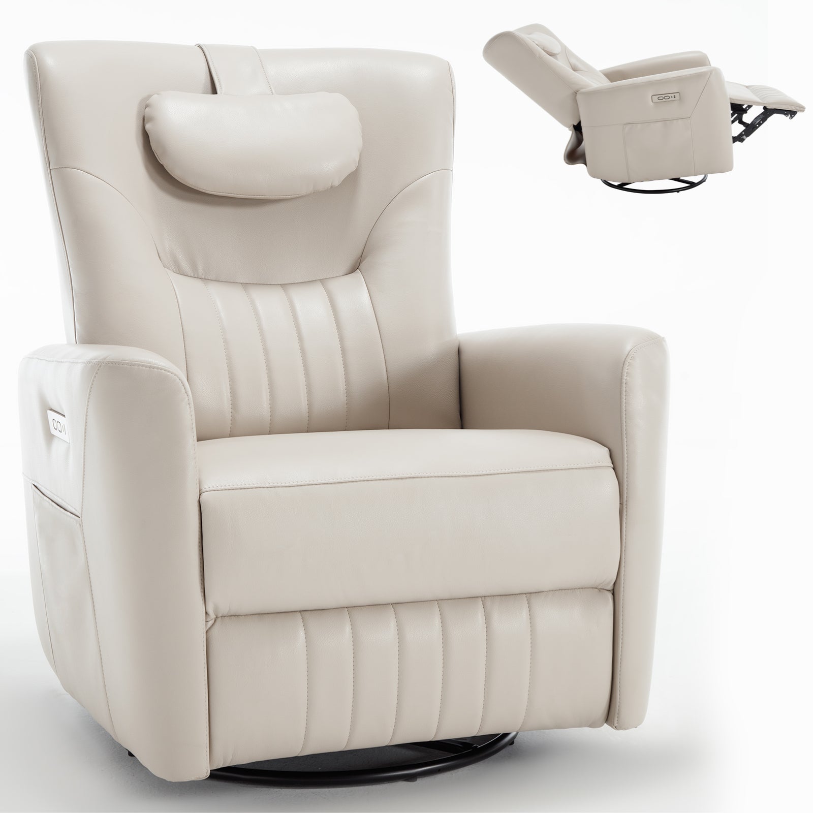 Beige Grey Leatheraire Swivel And Rocker Power Recliner Chair With Lumbar And Neck Support Pillow, Heavy Duty Motion Mechanism With Usb And Type C Ports Beige Polyester Power Push Button Metal Primary Living Space Medium Firm Tight Back Heavy Duty