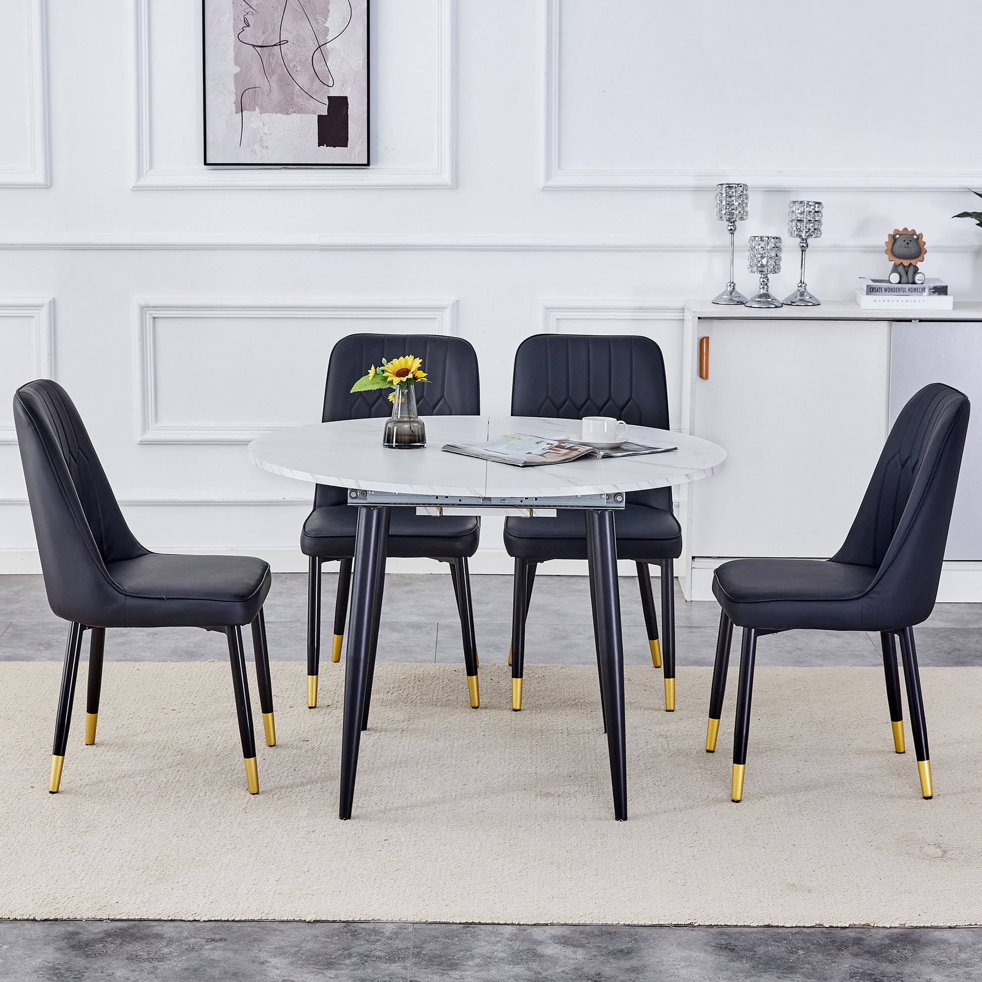 Table And Chair Set.Modern Extendable Mdf Dining Table.The Table Has A Telescopic Design, Suitable For Gatherings Of Different Size.Paried With 4 Chairs With Pu Cushions And Black Metal Legs. White Black Seats 4 Mdf Metal