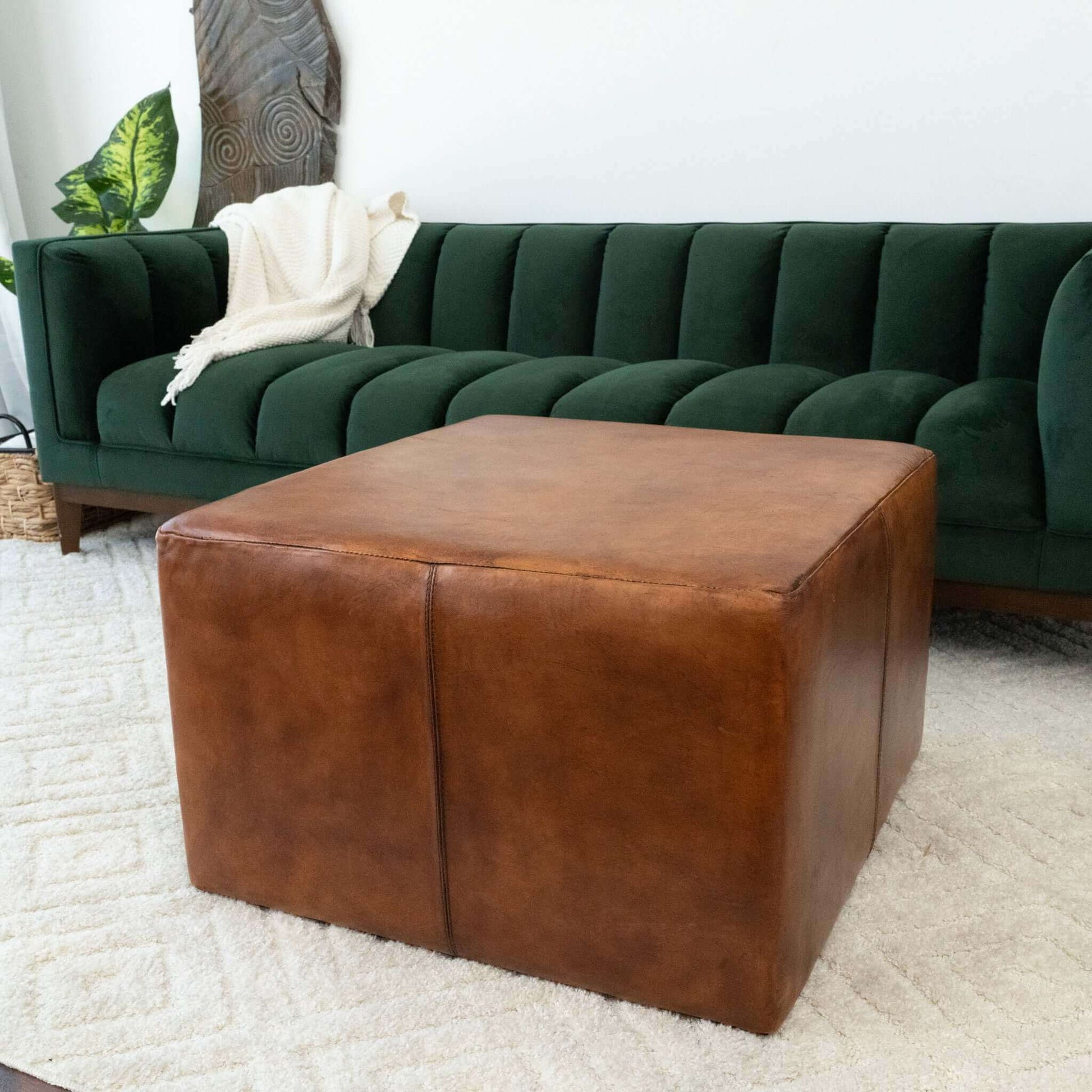 Mallory Mid Century Square Genuine Leather Upholstered Ottoman In Tan 27.5" Antique Brown,Rustic Genuine Leather Wood Backless Solid Brown Square Armless Genuine Leather,Solid Wood