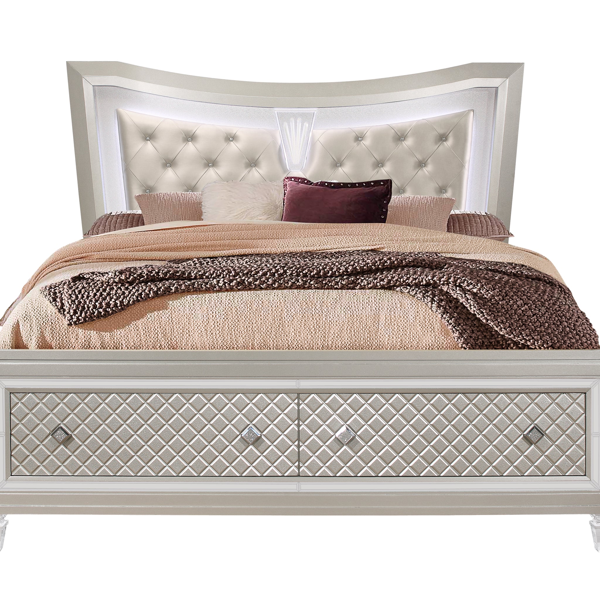 Cross Glam Champagne Queen Bed With Led Queen Champagne Bedroom Glam Panel Solid Wood Mdf