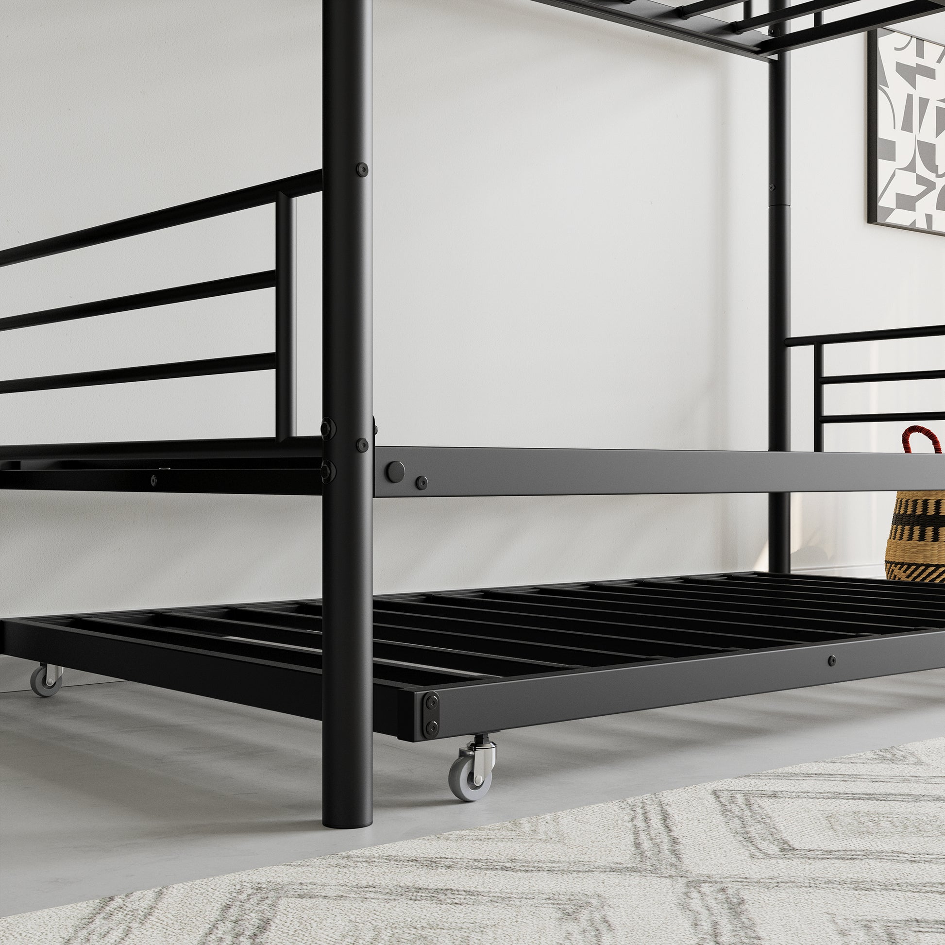 Twin Bunk Bed With Trundle Metal Bunkbeds With Ladder And Full Length Guardrail, Noise Free, No Box Spring Needed, Black Box Spring Not Required Twin Black Metal Bedroom Modern Bunk Metal Metal