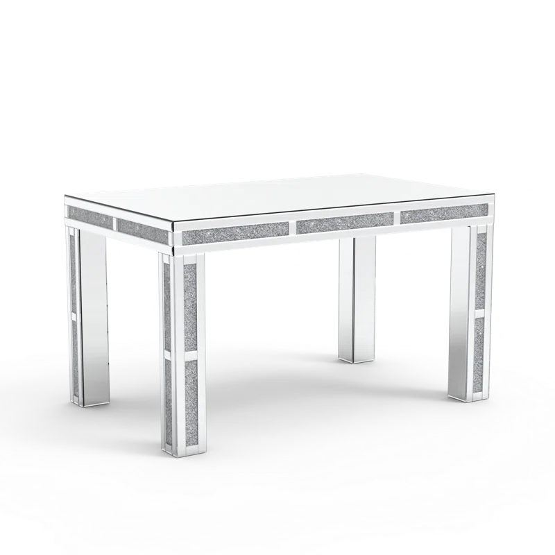 51.18" Mirrored Glass Dining Table With 4 Legs And Crushed Diamond Inlay Silver Seats 6 Mirrored Finish Desk And Hutch Primary Living Space Modern Freestanding Rectangular Kitchen & Dining Tables