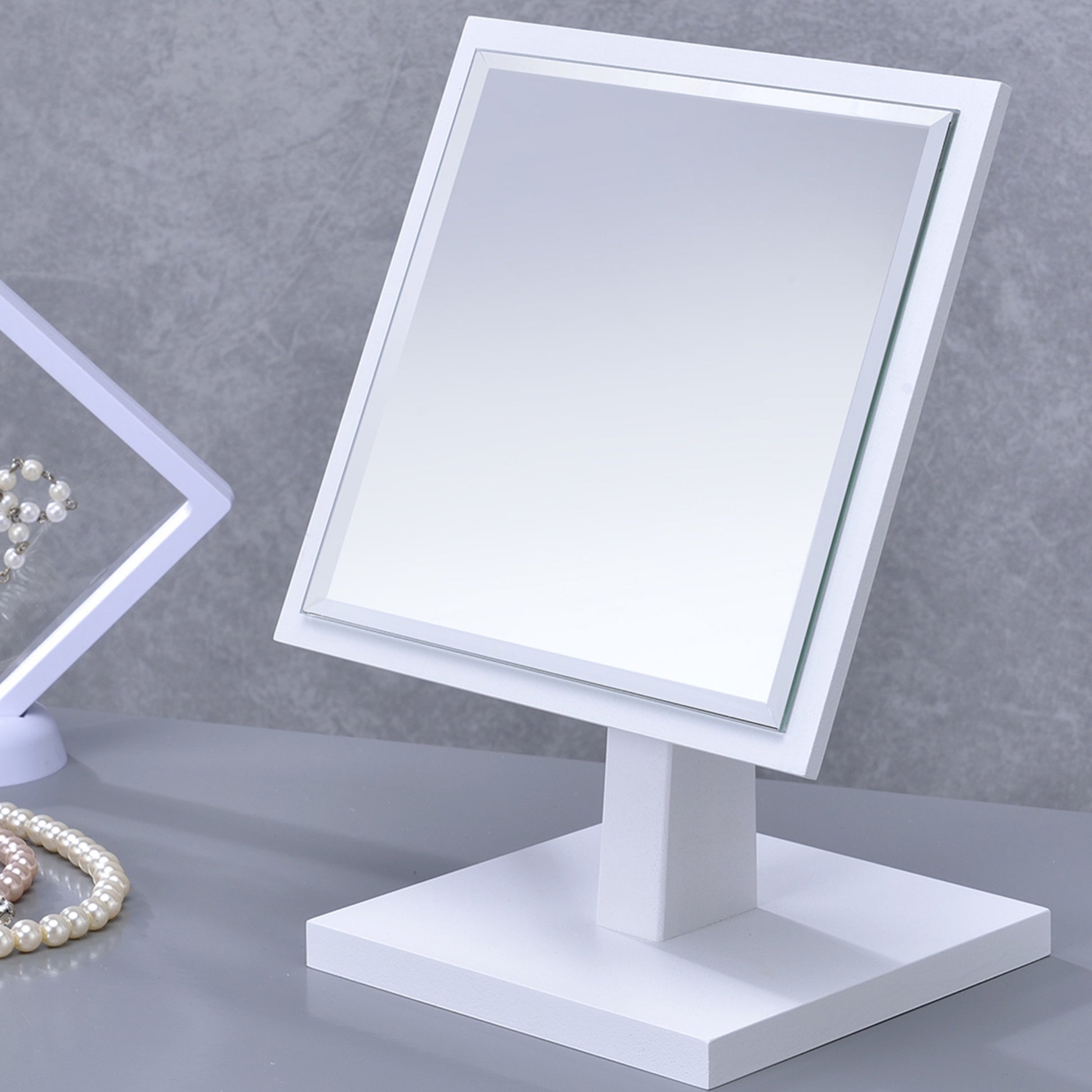 9.5" Tall Polyresin And Wood Make Up Mirror On A Pedestal, White Finish White Wood